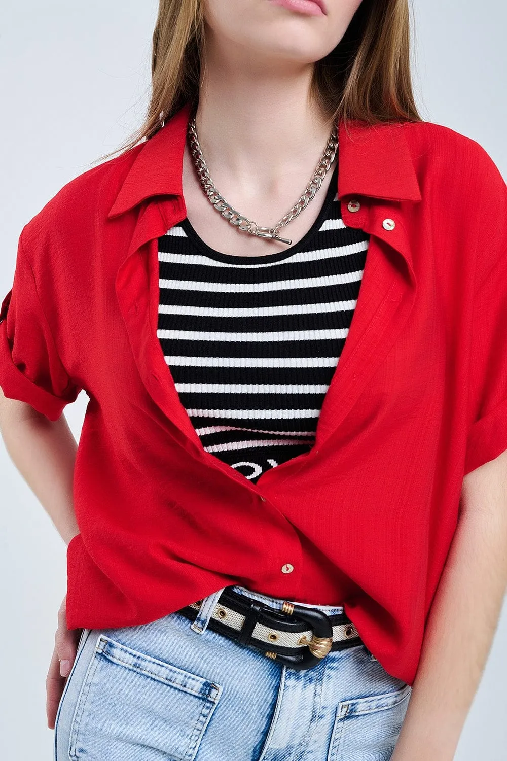 Red Shirt With Short Sleeves And Pleat On The Sleeve