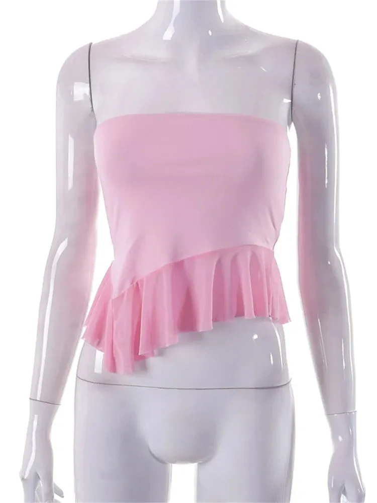 Retro Strapless Off Shoulder Tube Y2K Sleeveless Irregular Hem Ruffles Slim Fit Solid 2024 Crop Top