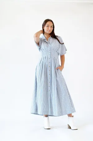 Rhea Pinstriped Pleated Shirt Dress