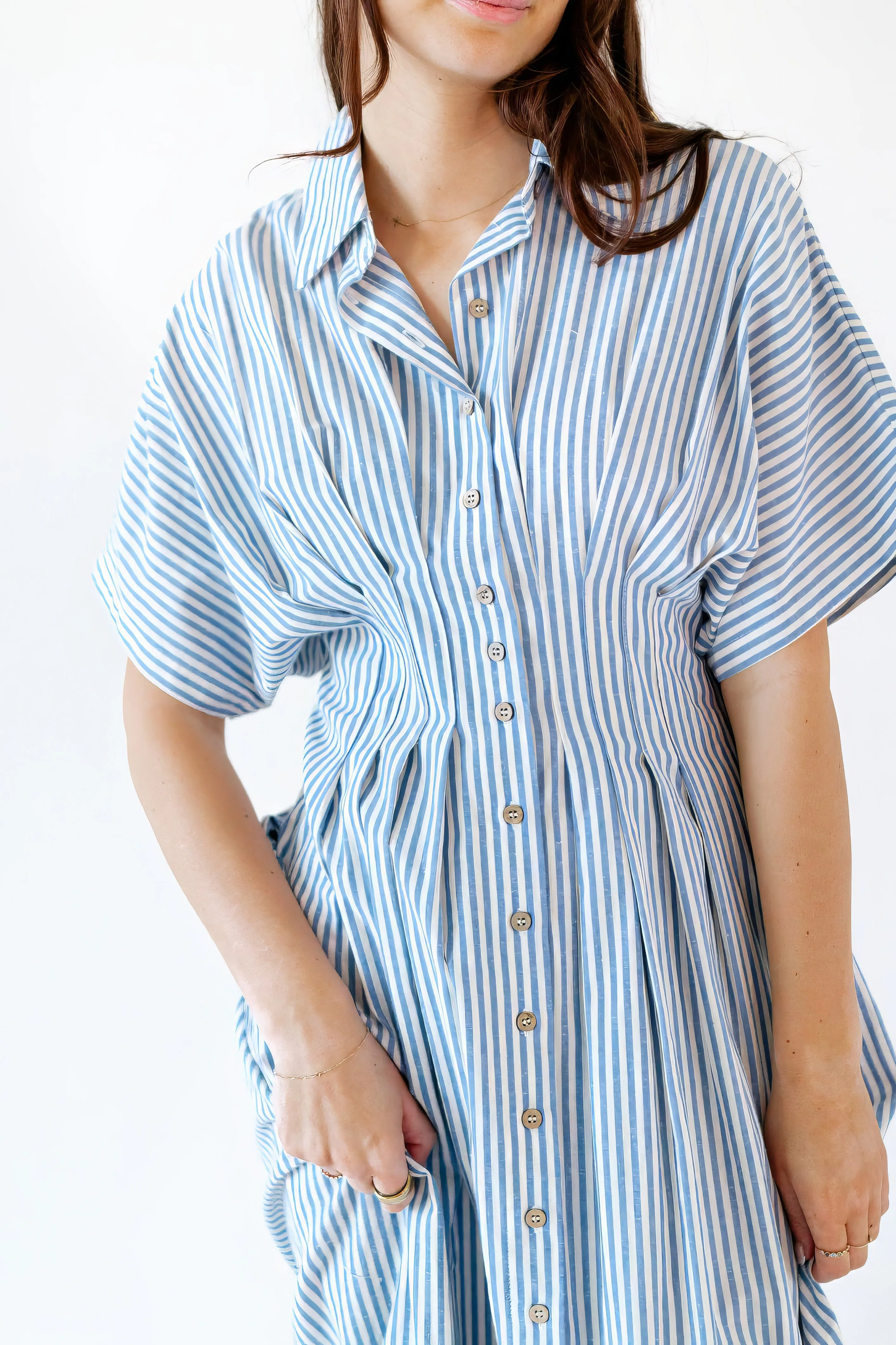 Rhea Pinstriped Pleated Shirt Dress