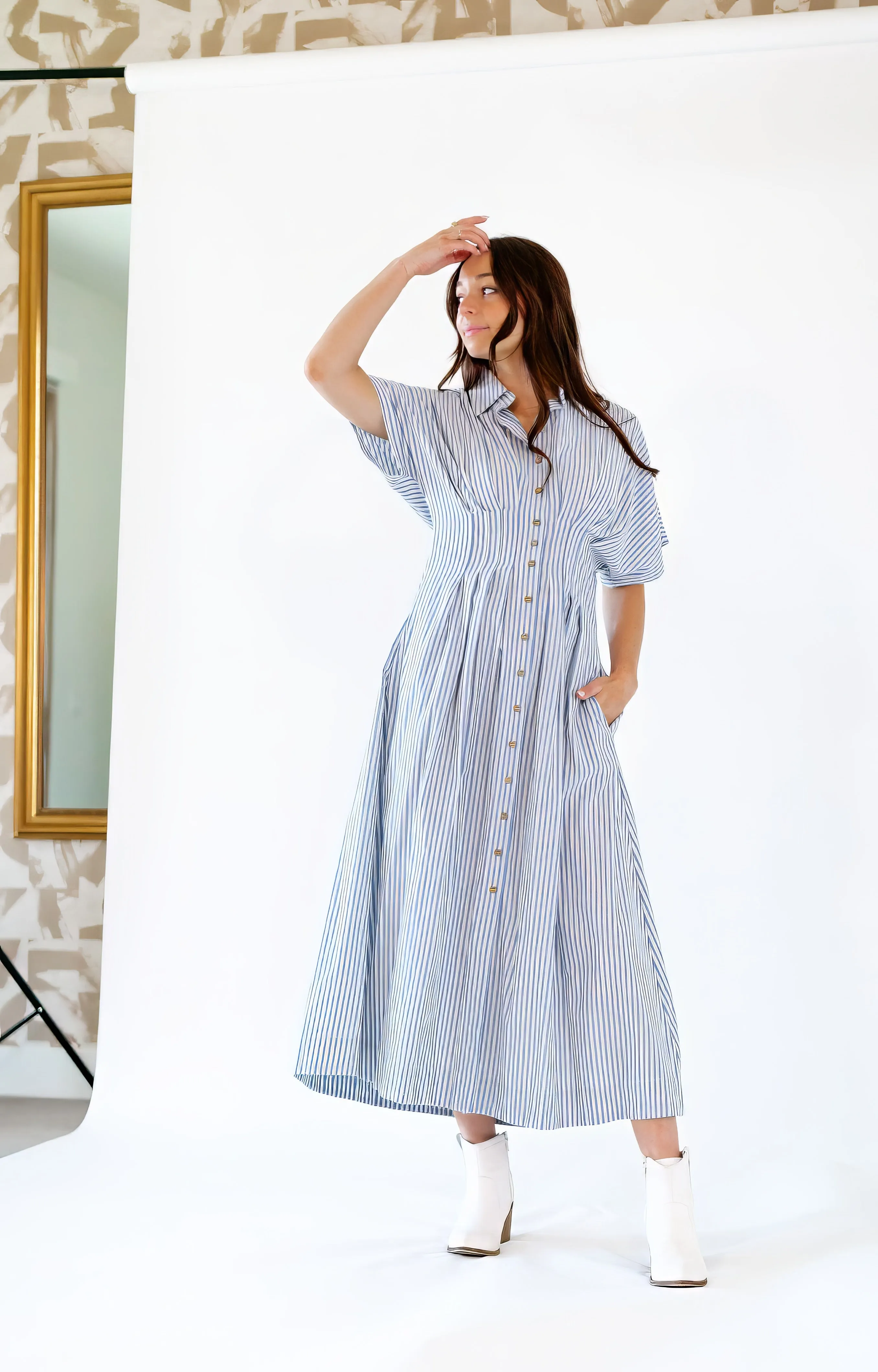 Rhea Pinstriped Pleated Shirt Dress