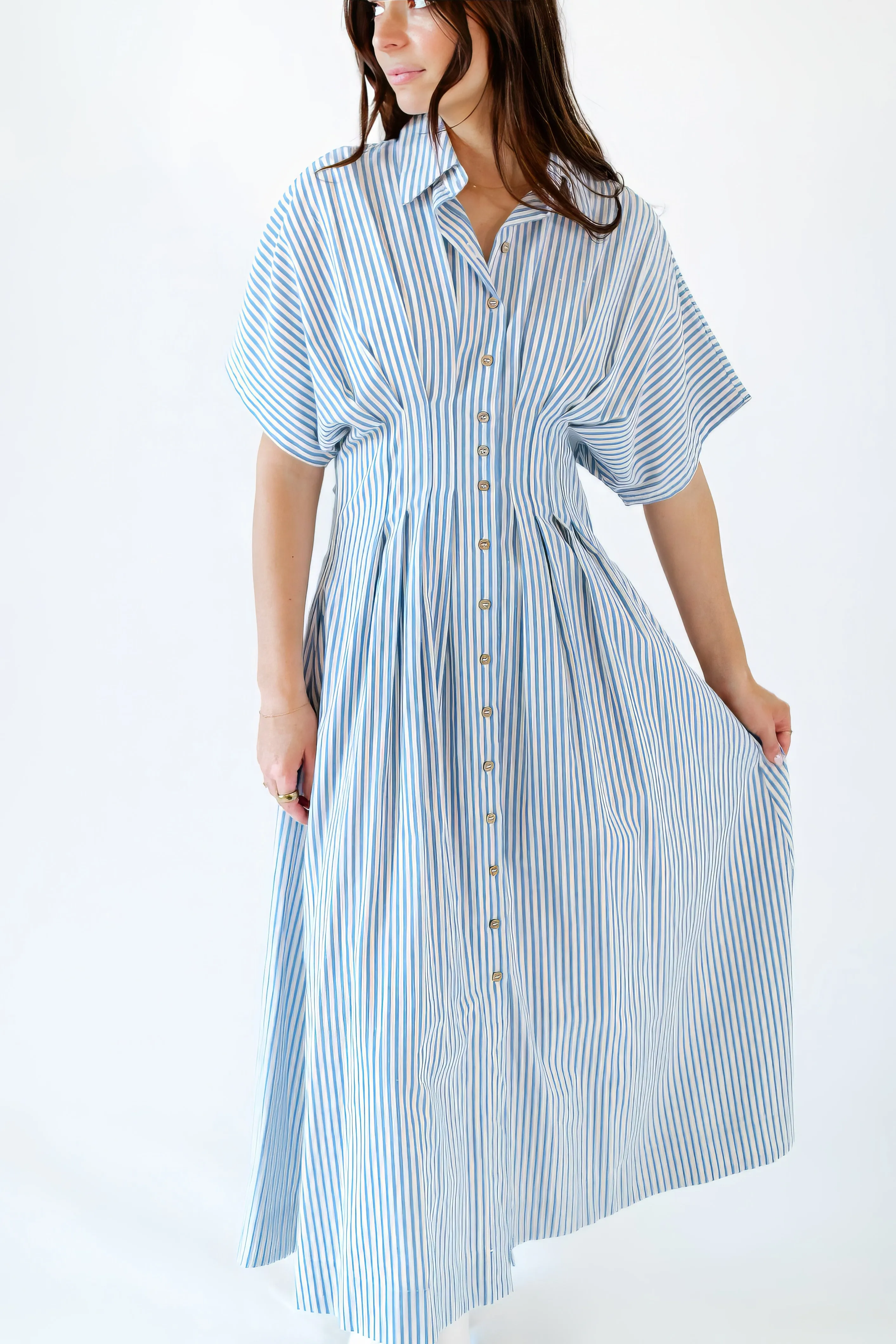 Rhea Pinstriped Pleated Shirt Dress