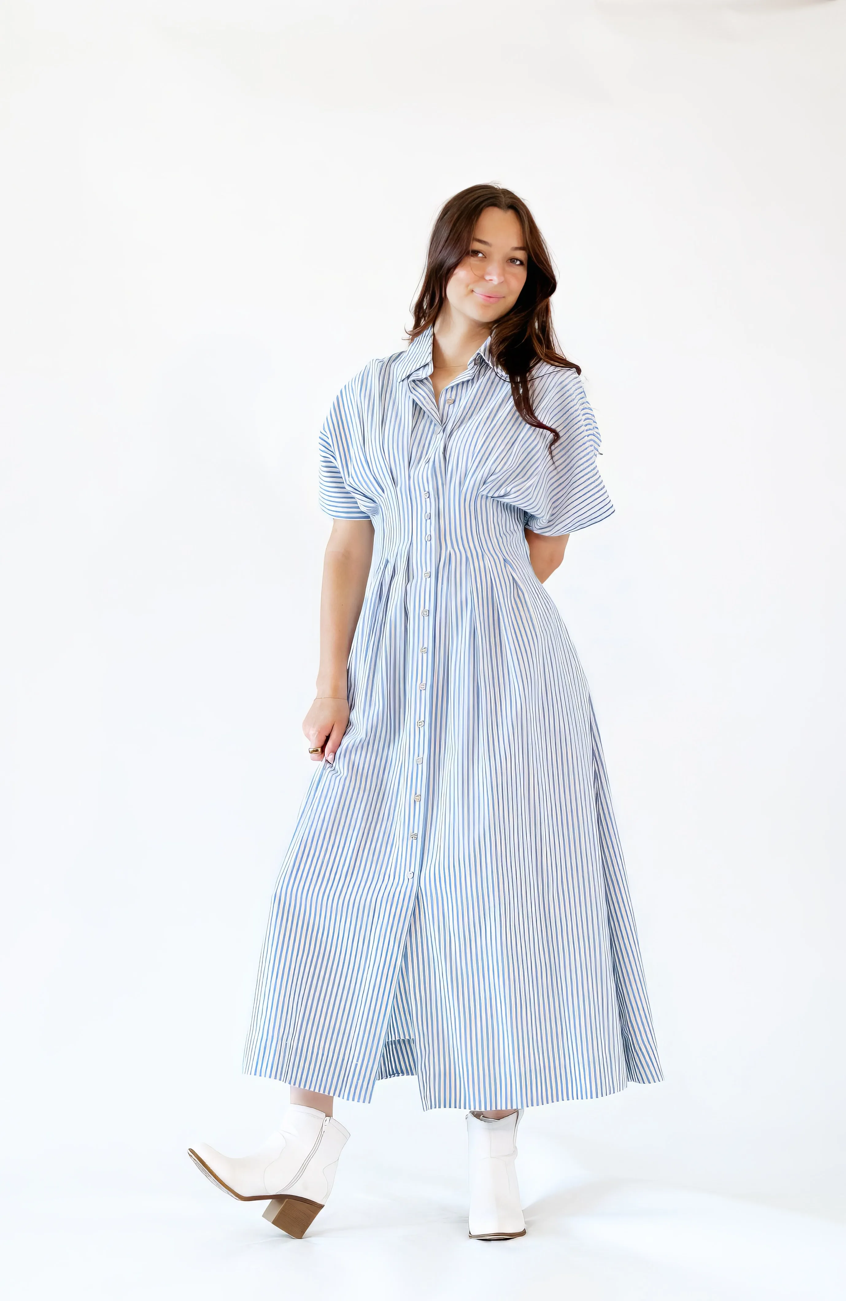 Rhea Pinstriped Pleated Shirt Dress