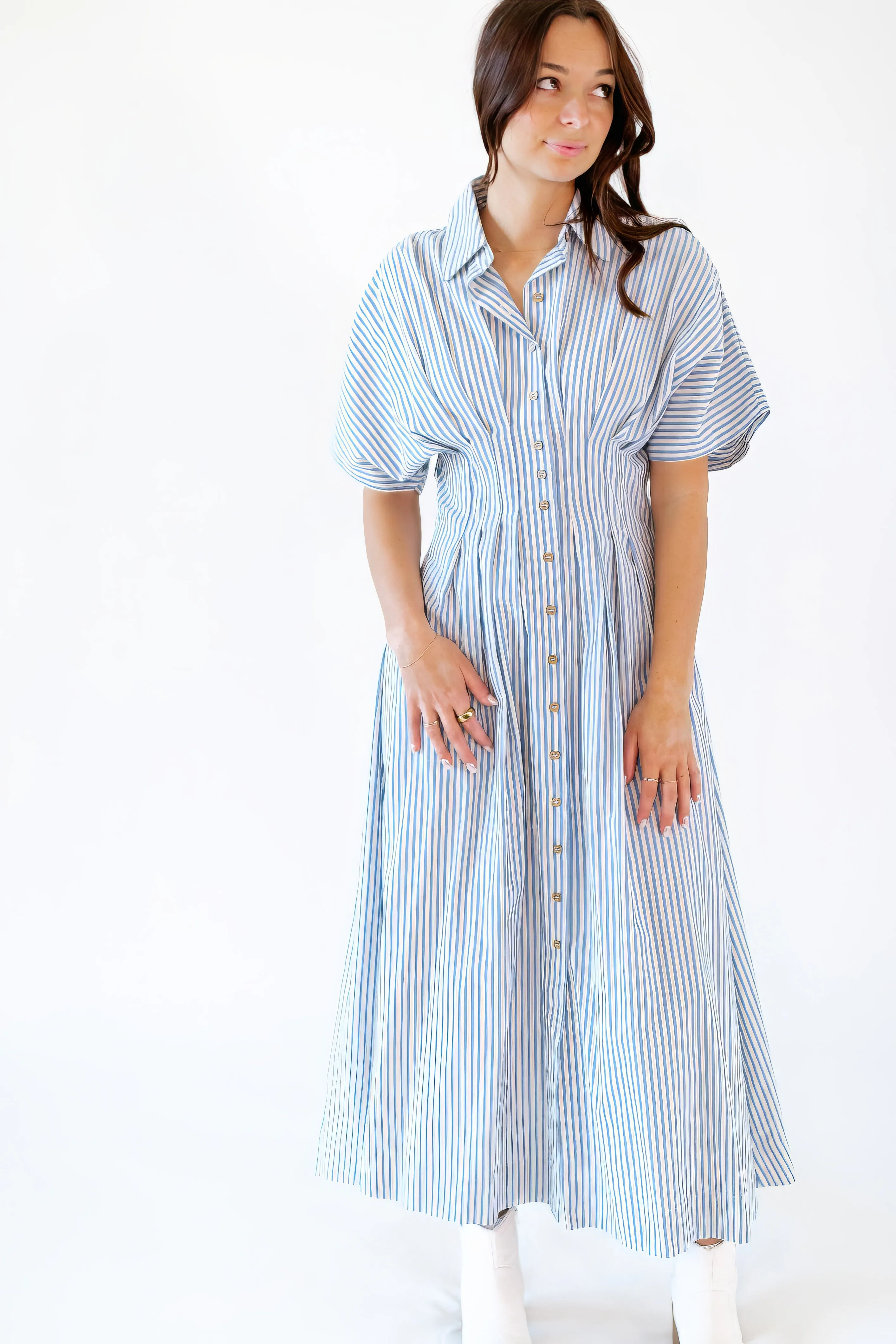 Rhea Pinstriped Pleated Shirt Dress