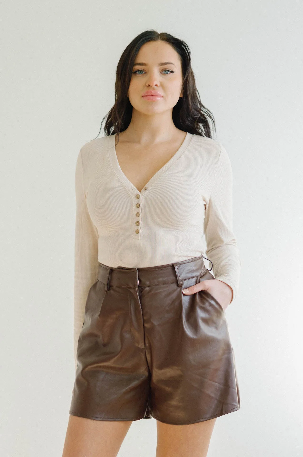 Romie Brown Vegan Leather High Waisted Shorts