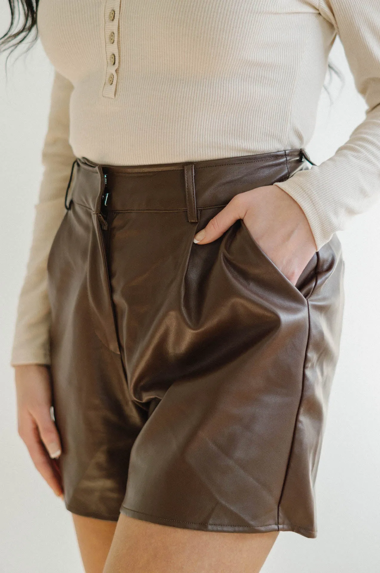 Romie Brown Vegan Leather High Waisted Shorts