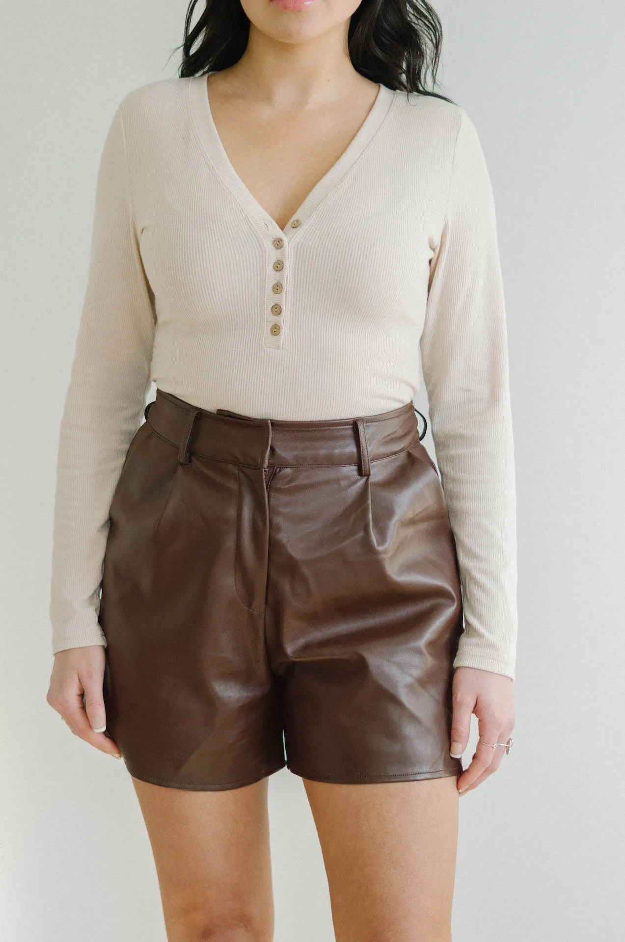 Romie Brown Vegan Leather High Waisted Shorts