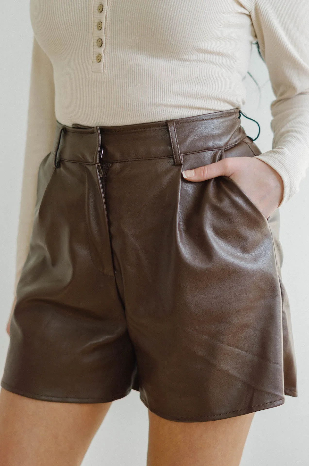 Romie Brown Vegan Leather High Waisted Shorts