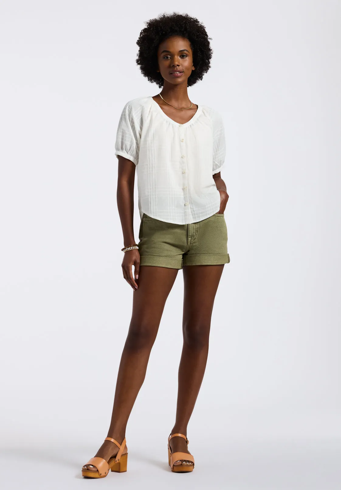 Saarik Women's Textured Button-Front Puff Sleeve Blouse, White - WT0153P