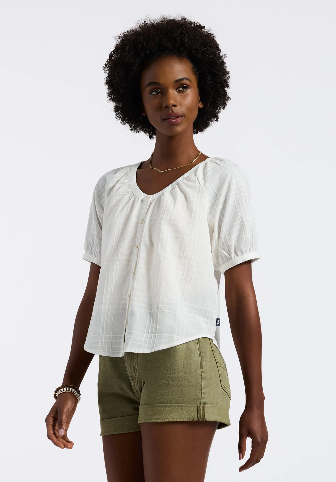 Saarik Women's Textured Button-Front Puff Sleeve Blouse, White - WT0153P