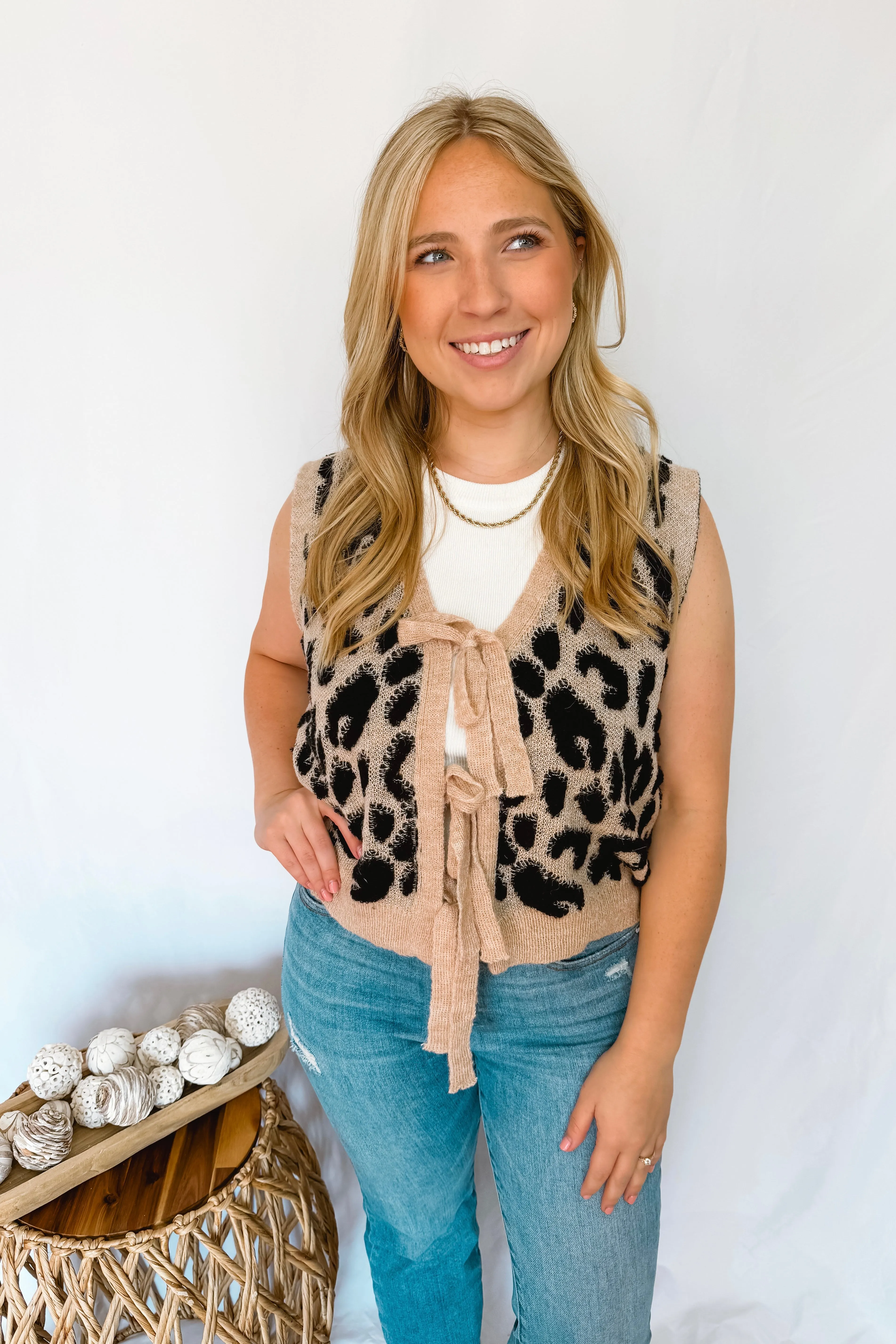 Sassy and Chic Bow Tie Knit Sweater Vest - Leopard