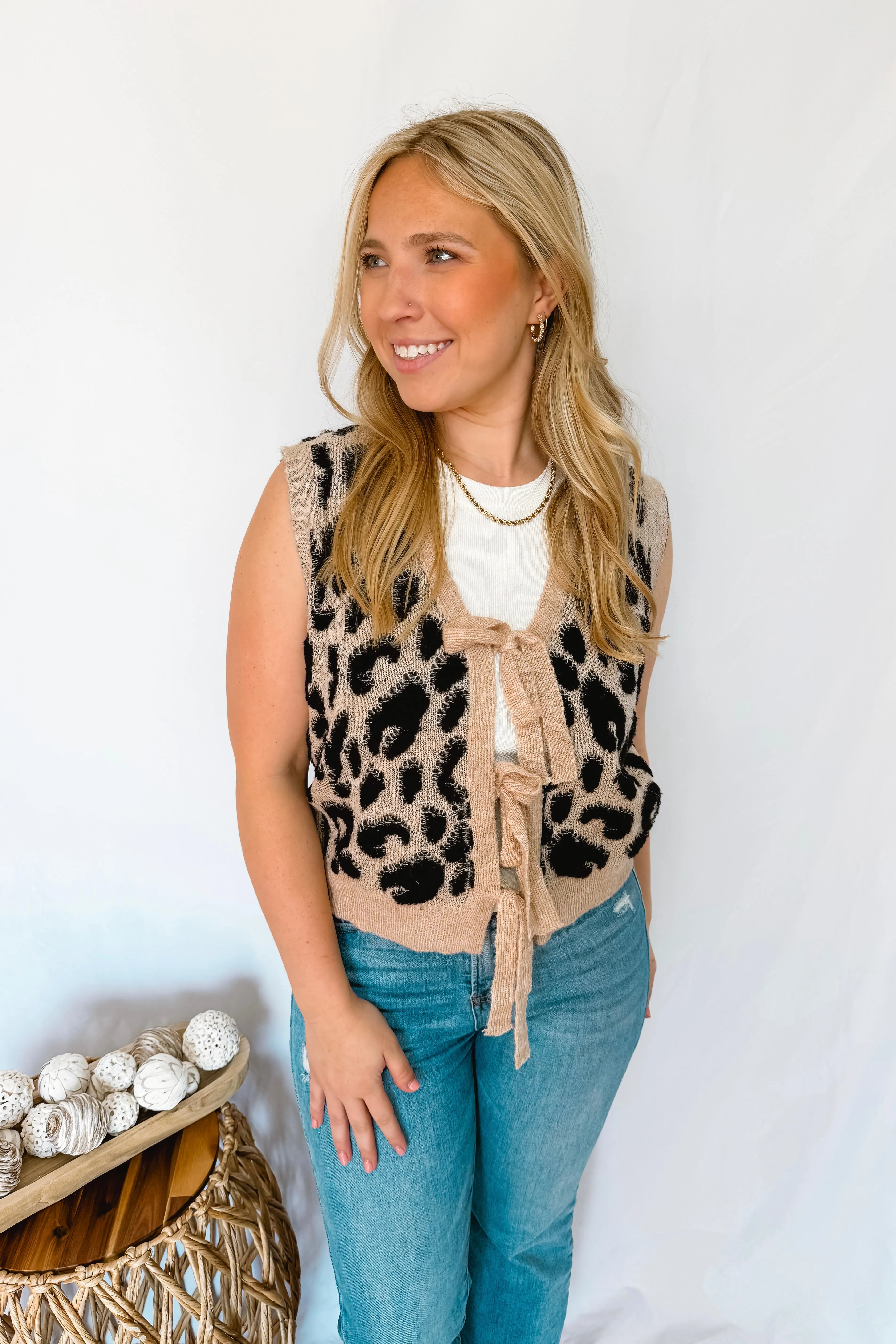 Sassy and Chic Bow Tie Knit Sweater Vest - Leopard
