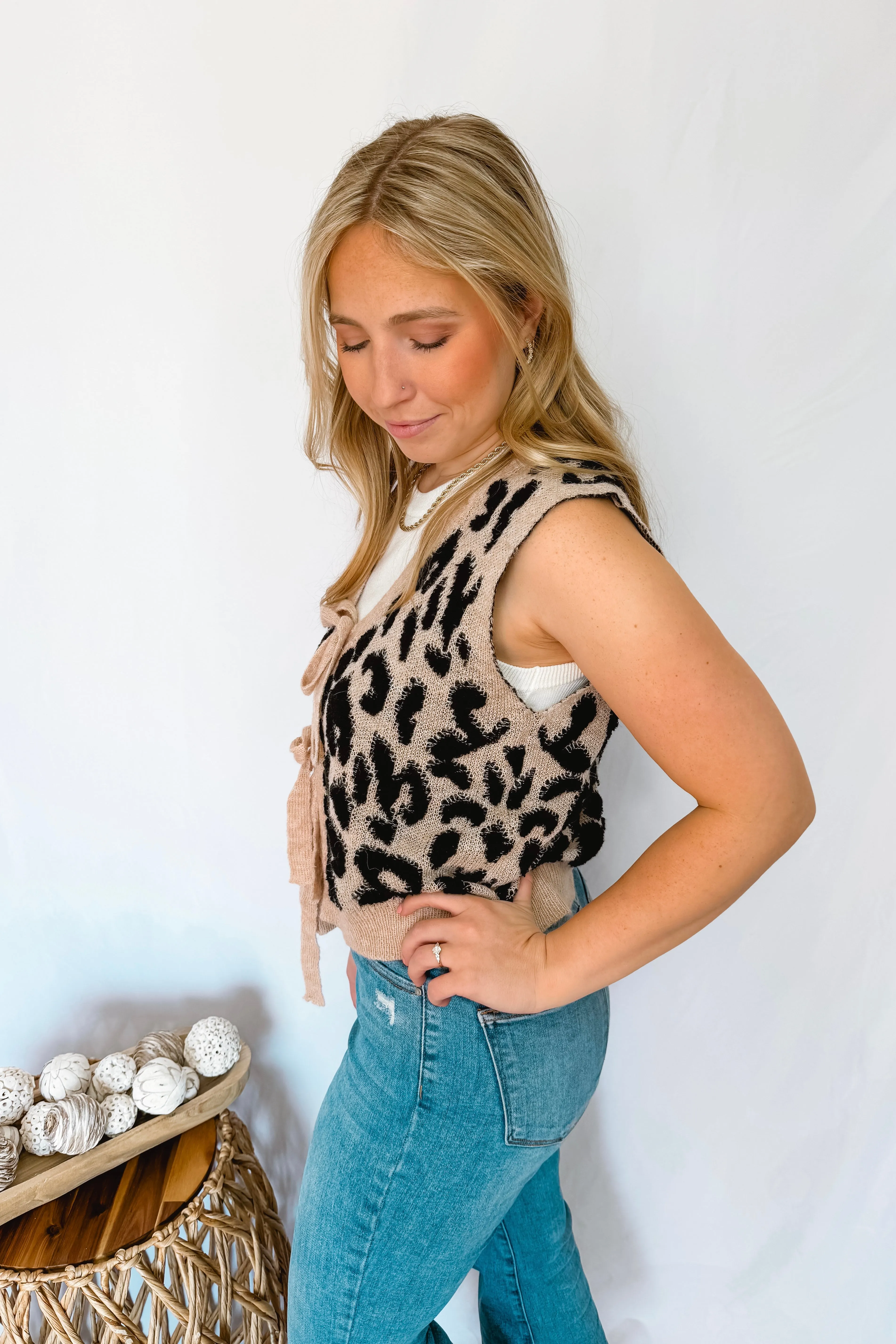 Sassy and Chic Bow Tie Knit Sweater Vest - Leopard