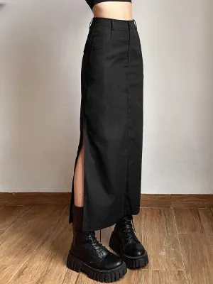 Simple Black Split Sexy Slim Light Cool Feminine Charm Skirt
