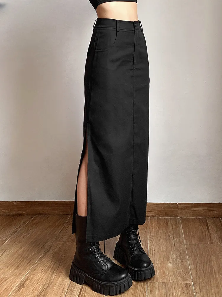 Simple Black Split Sexy Slim Light Cool Feminine Charm Skirt
