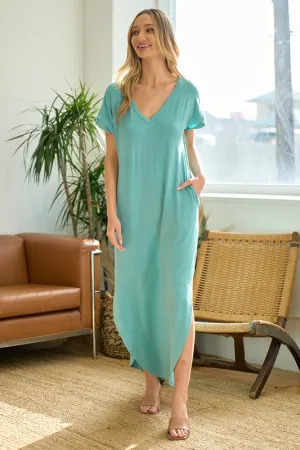 Solid V-Neck Side Vent Maxi Dress