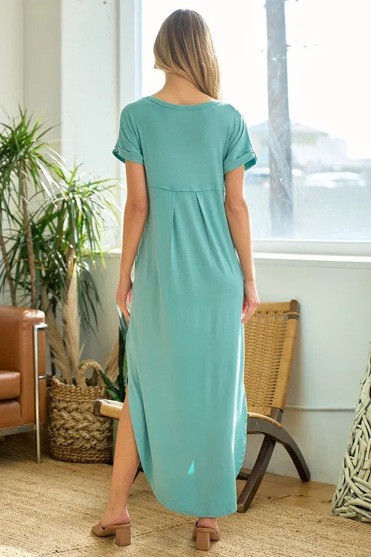 Solid V-Neck Side Vent Maxi Dress