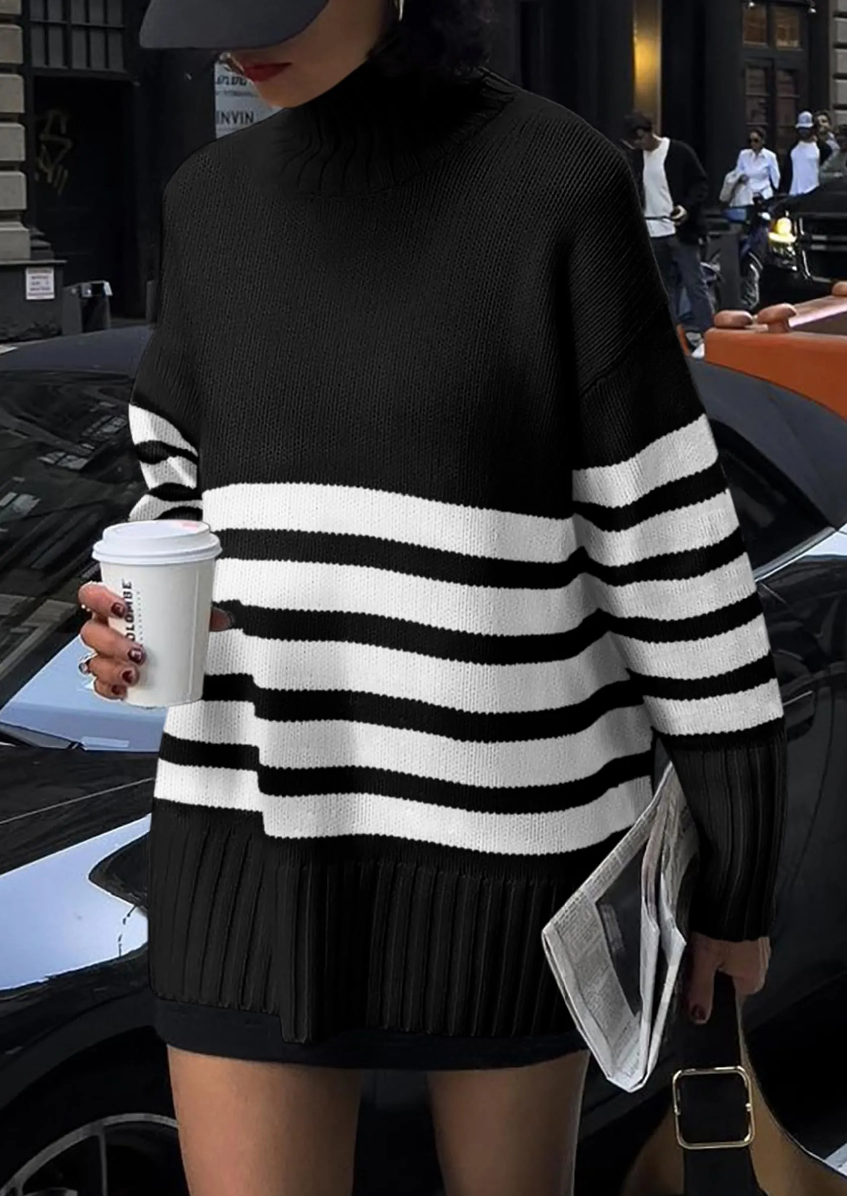 Striped Turtleneck Long Sleeve Loose Fit Chunky Knit Casual Mini Sweater Dresses
