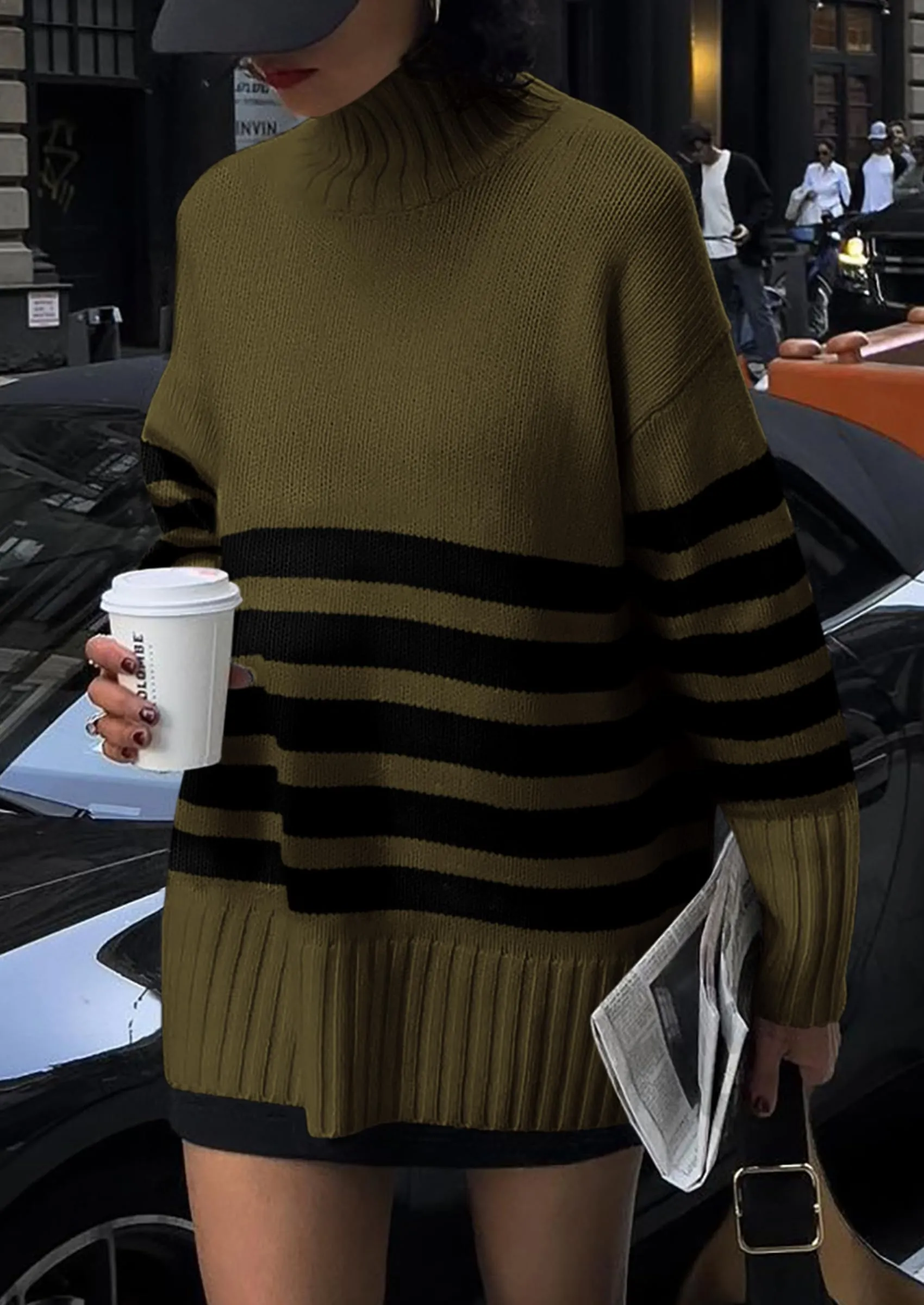 Striped Turtleneck Long Sleeve Loose Fit Chunky Knit Casual Mini Sweater Dresses