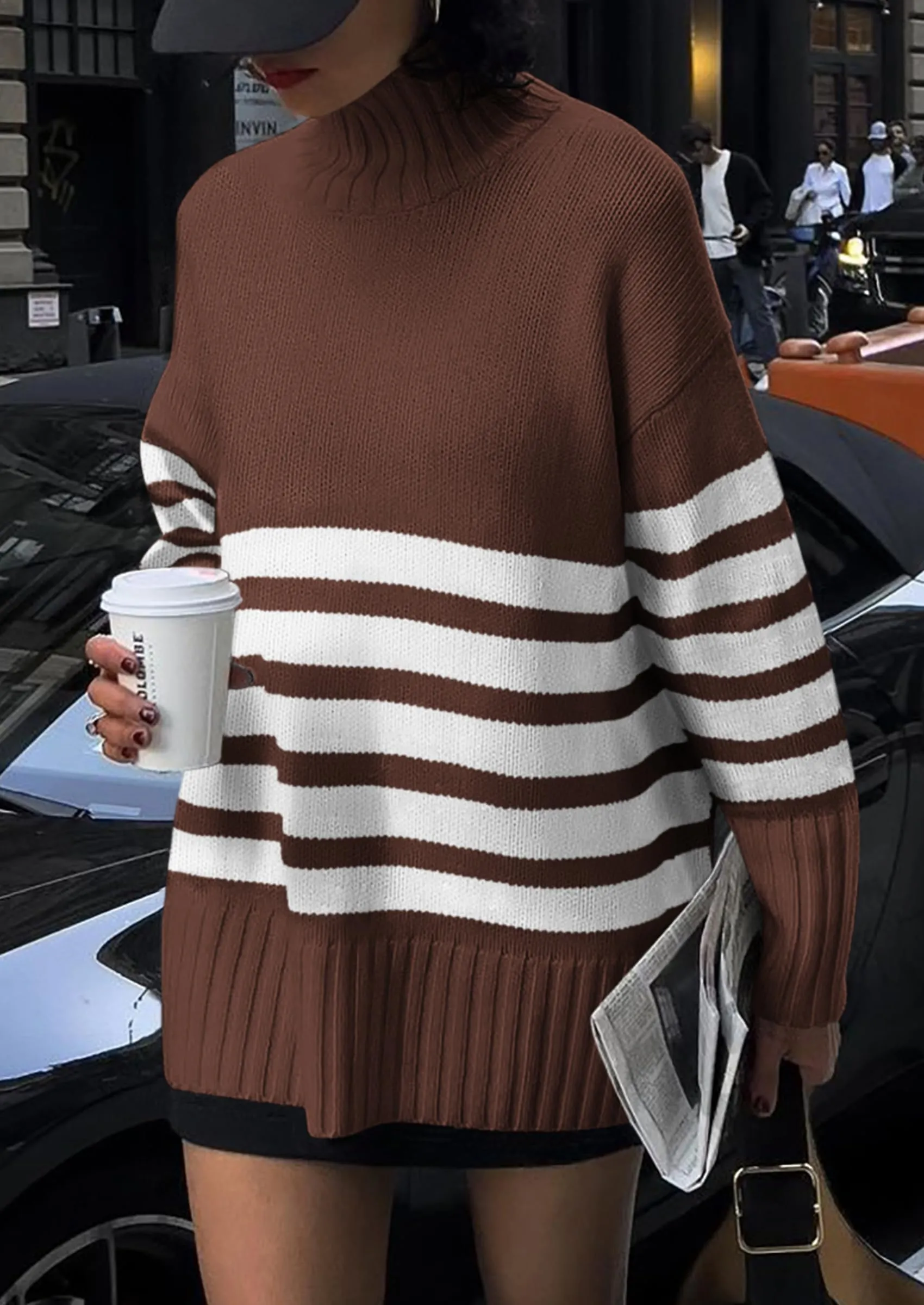 Striped Turtleneck Long Sleeve Loose Fit Chunky Knit Casual Mini Sweater Dresses
