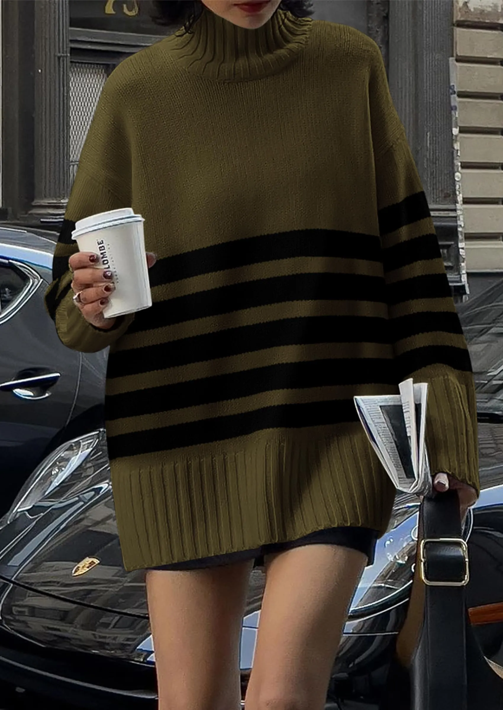 Striped Turtleneck Long Sleeve Loose Fit Chunky Knit Casual Mini Sweater Dresses