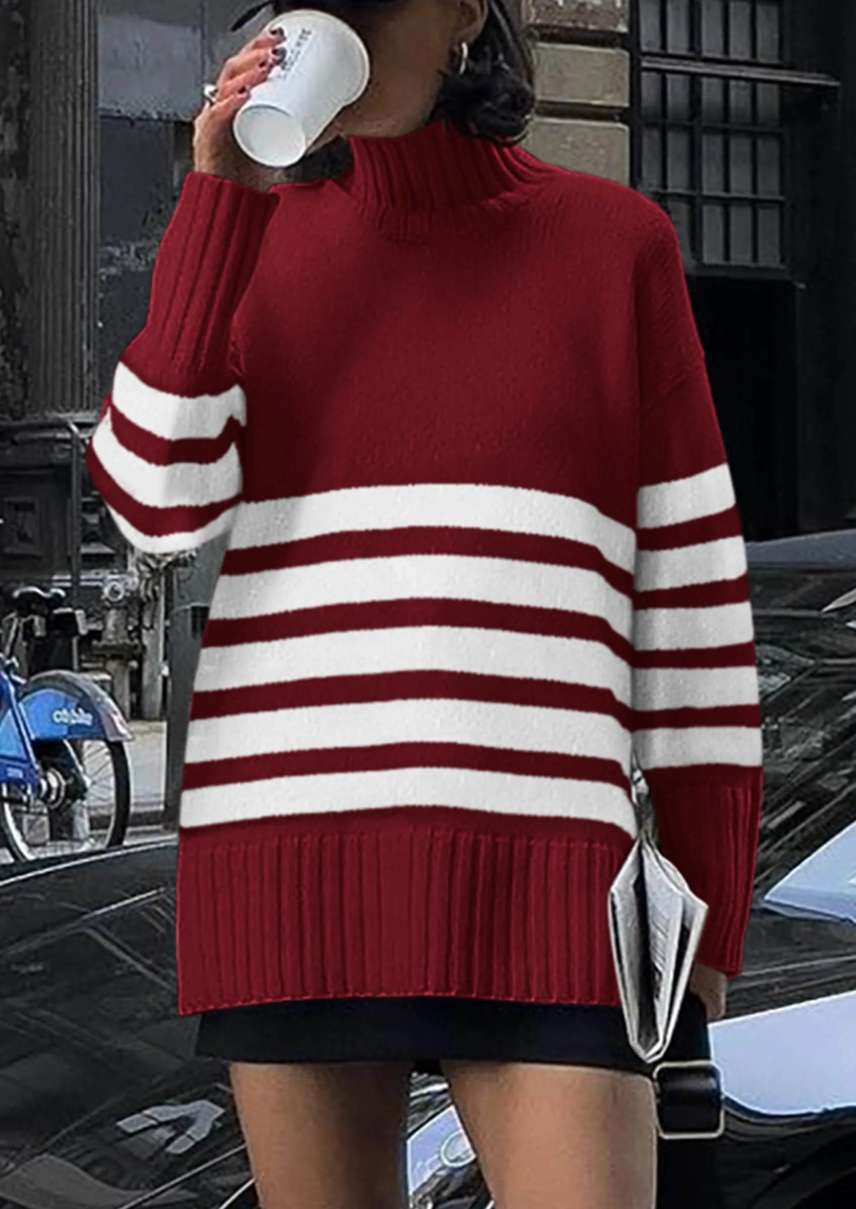 Striped Turtleneck Long Sleeve Loose Fit Chunky Knit Casual Mini Sweater Dresses
