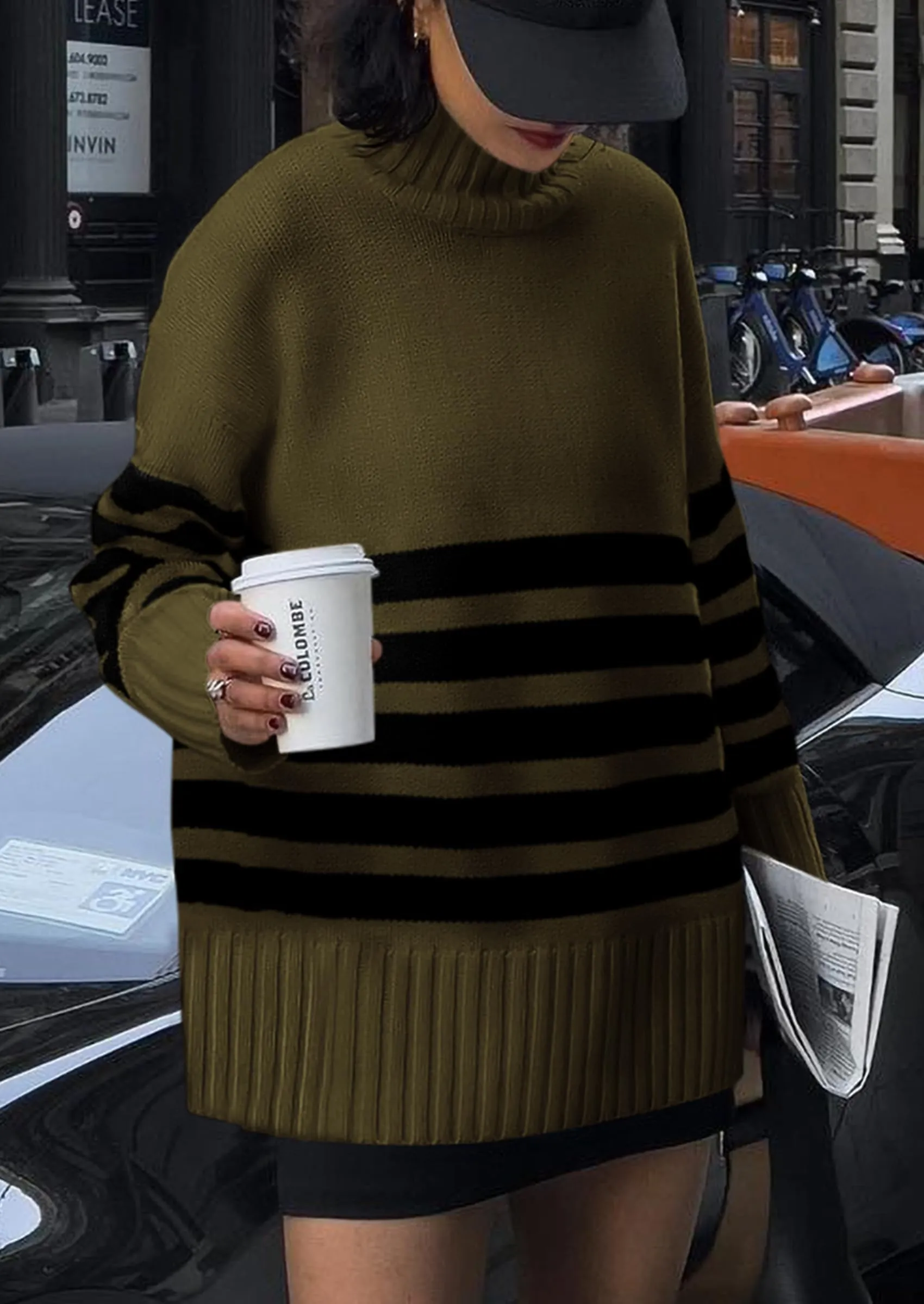 Striped Turtleneck Long Sleeve Loose Fit Chunky Knit Casual Mini Sweater Dresses