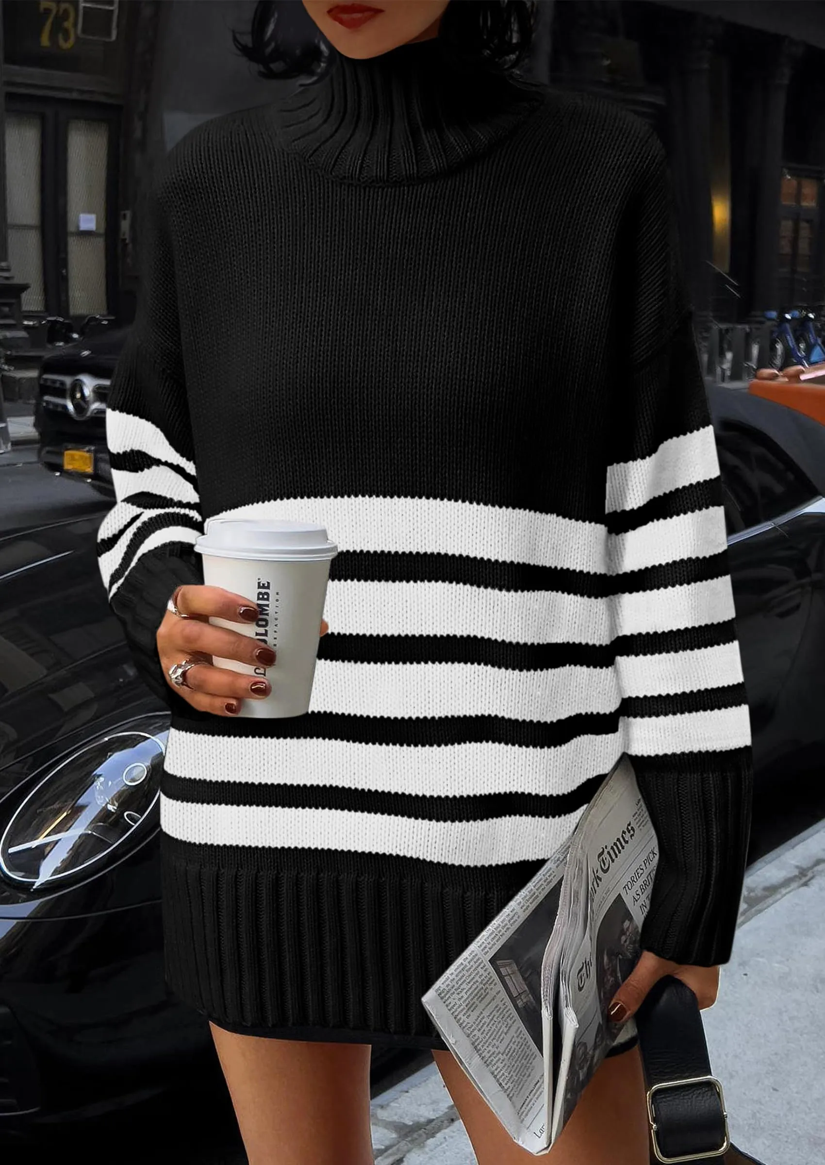 Striped Turtleneck Long Sleeve Loose Fit Chunky Knit Casual Mini Sweater Dresses