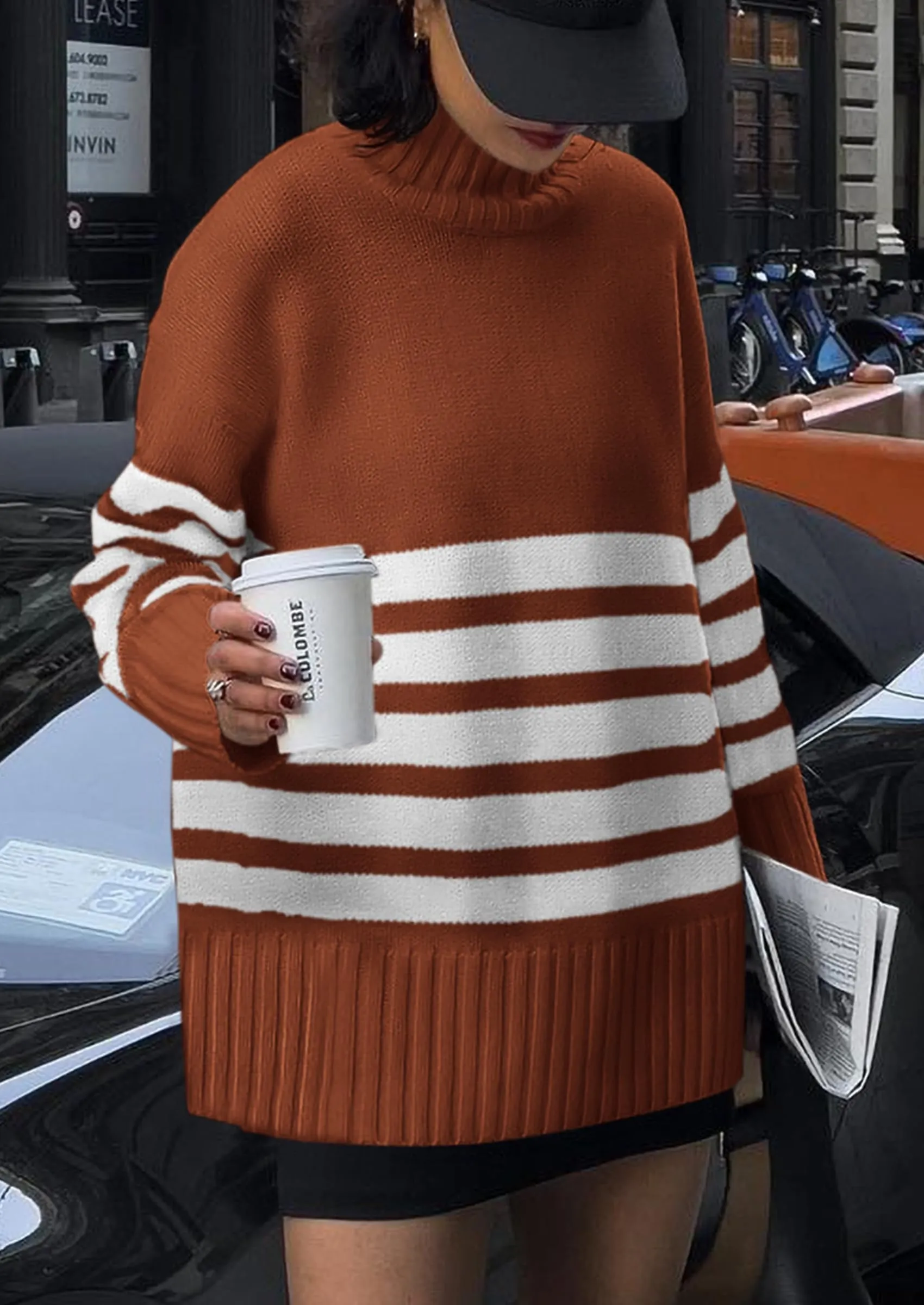 Striped Turtleneck Long Sleeve Loose Fit Chunky Knit Casual Mini Sweater Dresses