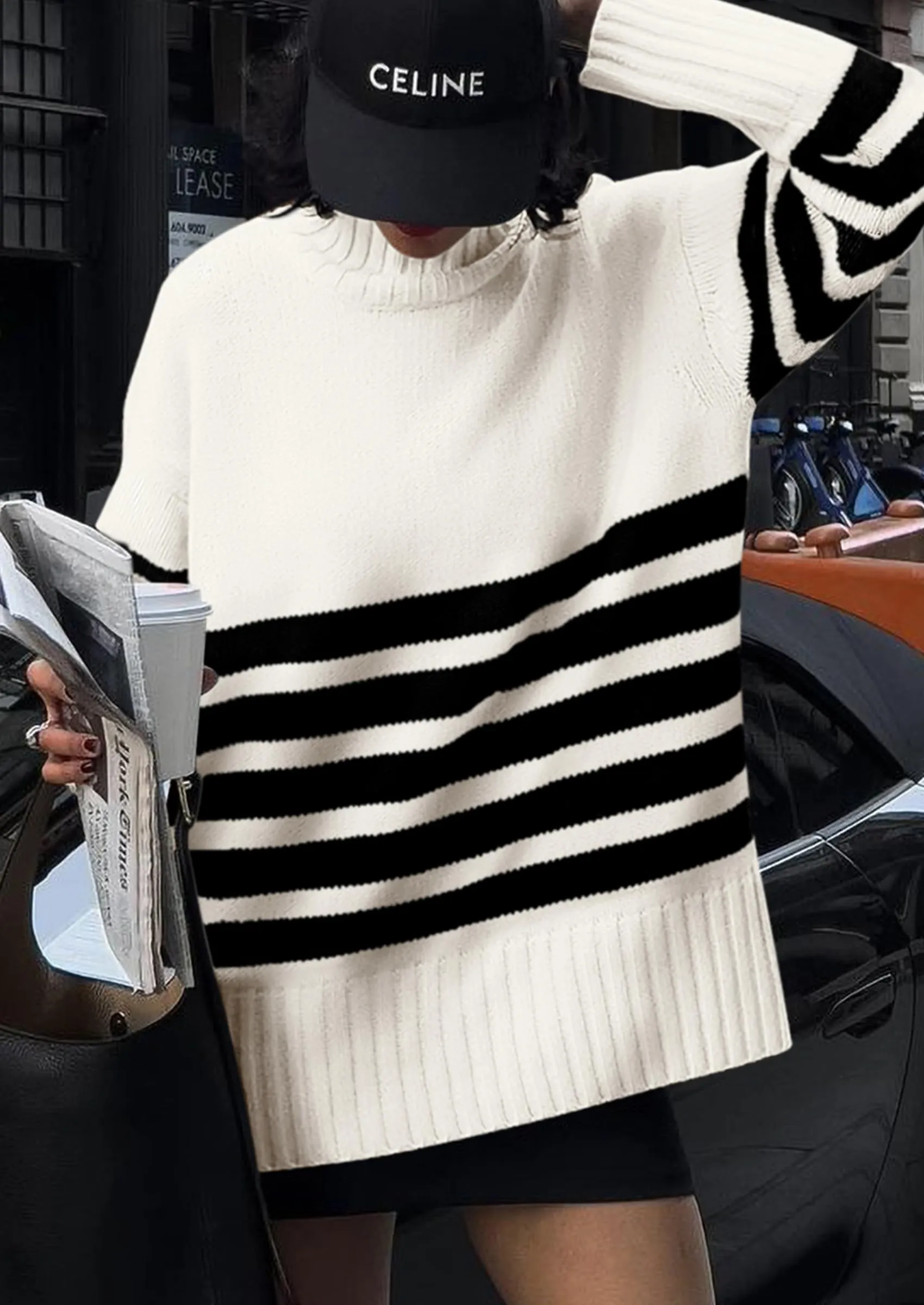 Striped Turtleneck Long Sleeve Loose Fit Chunky Knit Casual Mini Sweater Dresses