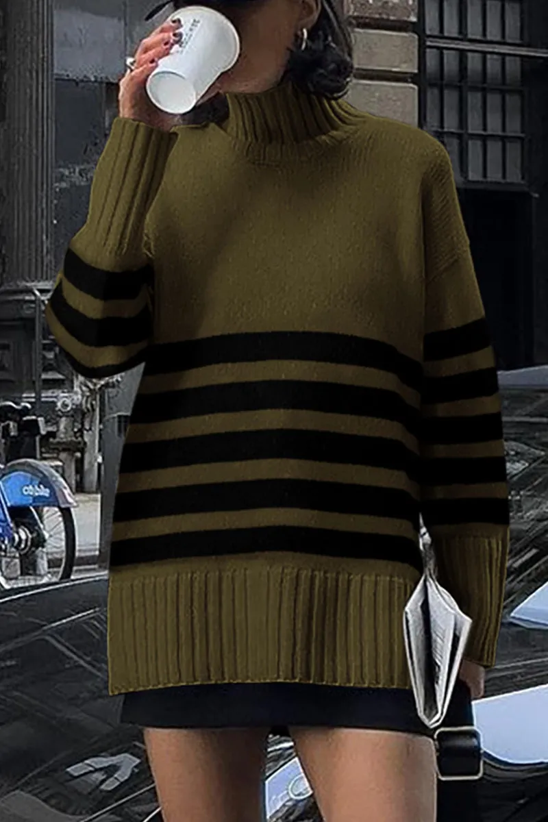 Striped Turtleneck Long Sleeve Loose Fit Chunky Knit Casual Mini Sweater Dresses