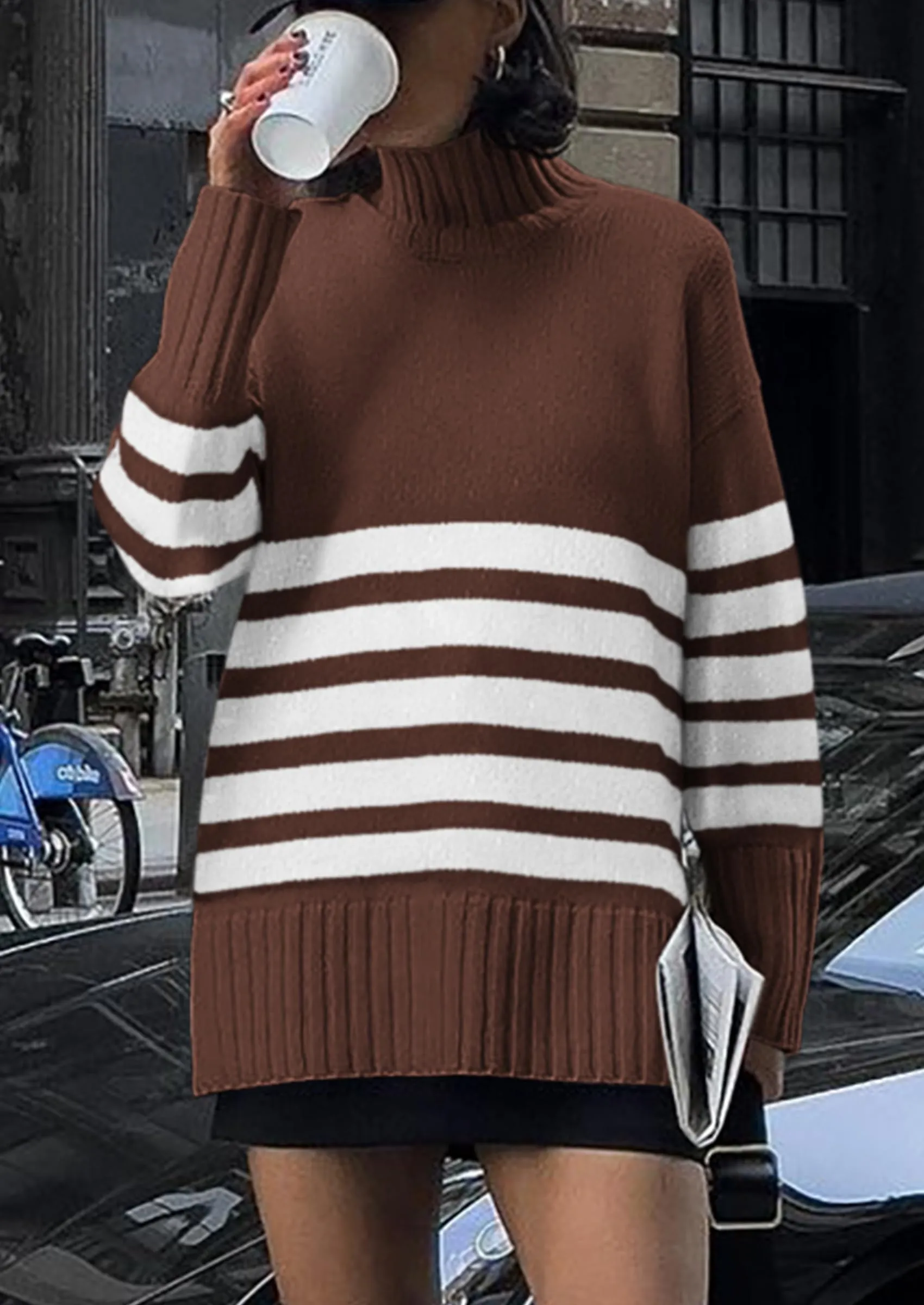 Striped Turtleneck Long Sleeve Loose Fit Chunky Knit Casual Mini Sweater Dresses