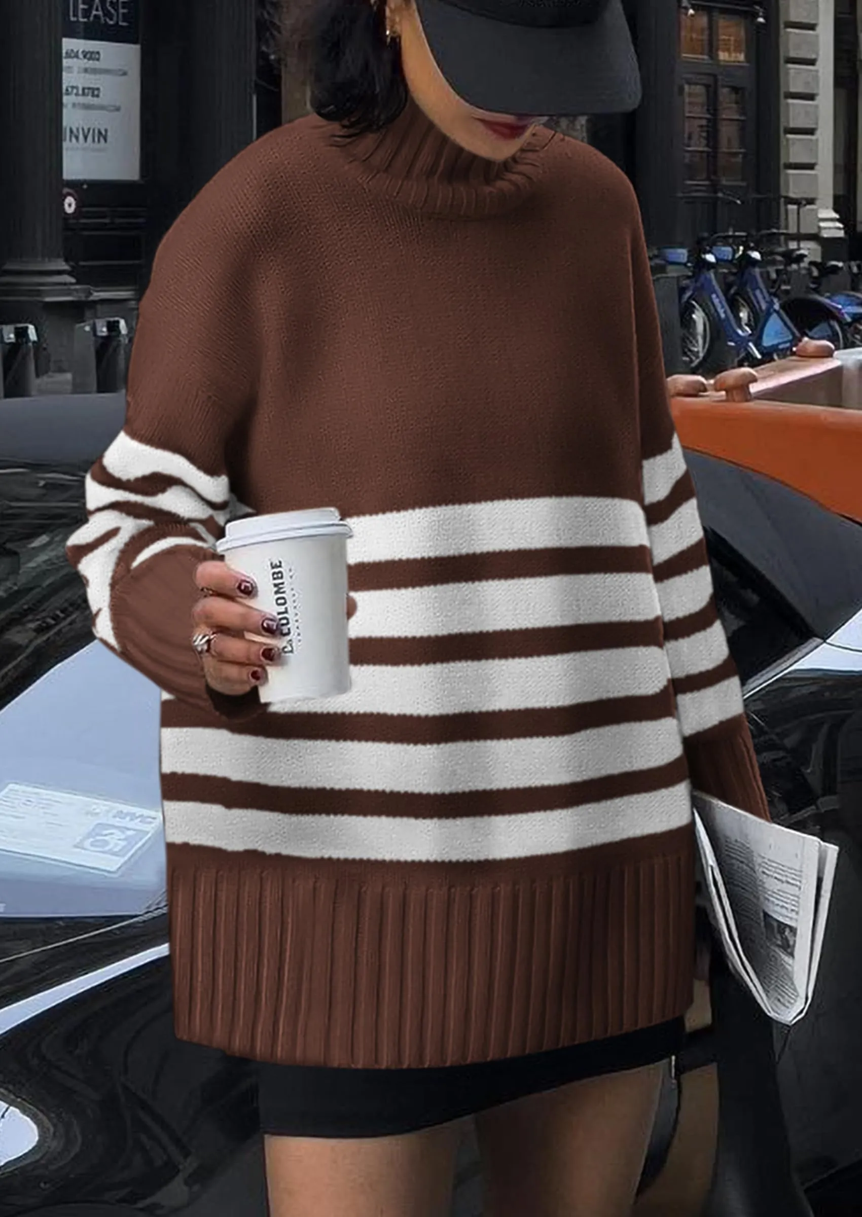 Striped Turtleneck Long Sleeve Loose Fit Chunky Knit Casual Mini Sweater Dresses