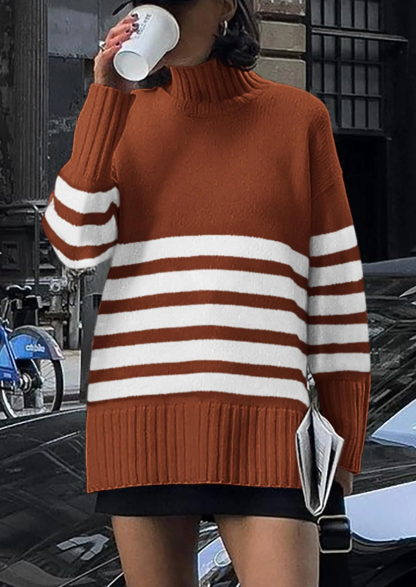 Striped Turtleneck Long Sleeve Loose Fit Chunky Knit Casual Mini Sweater Dresses