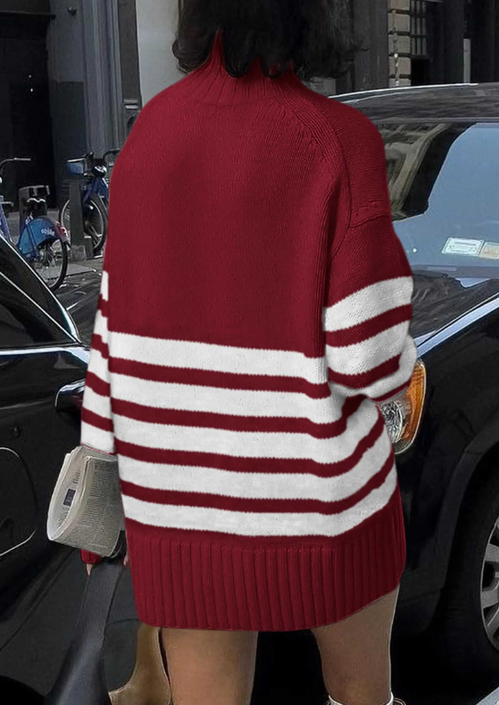 Striped Turtleneck Long Sleeve Loose Fit Chunky Knit Casual Mini Sweater Dresses