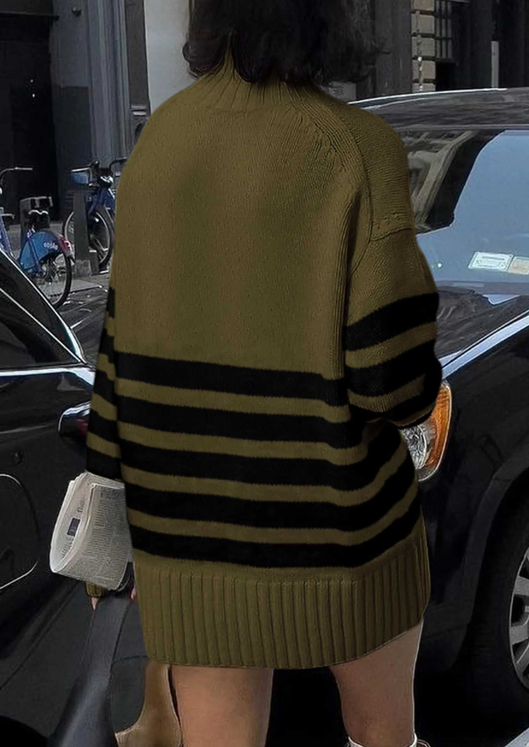 Striped Turtleneck Long Sleeve Loose Fit Chunky Knit Casual Mini Sweater Dresses