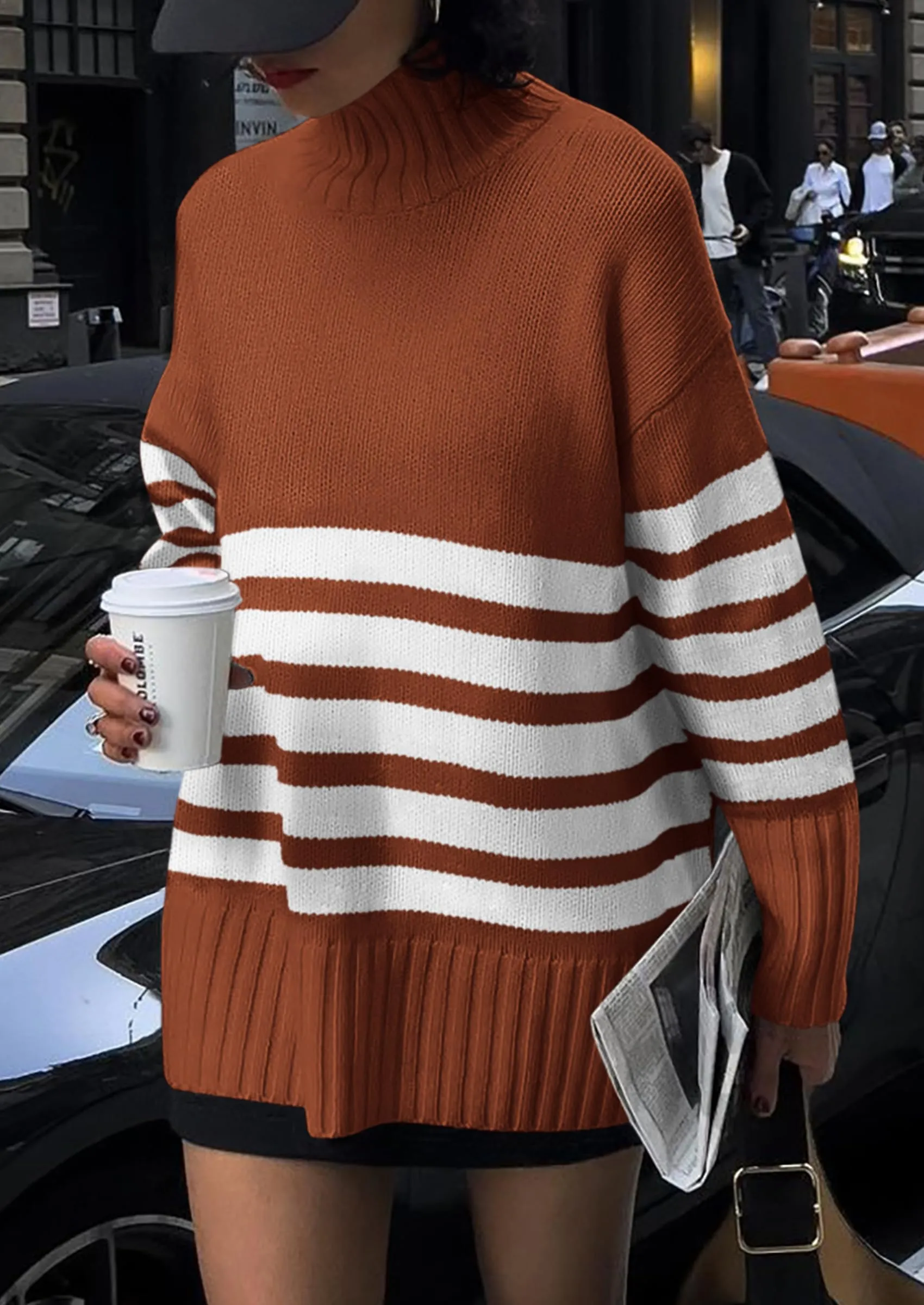 Striped Turtleneck Long Sleeve Loose Fit Chunky Knit Casual Mini Sweater Dresses