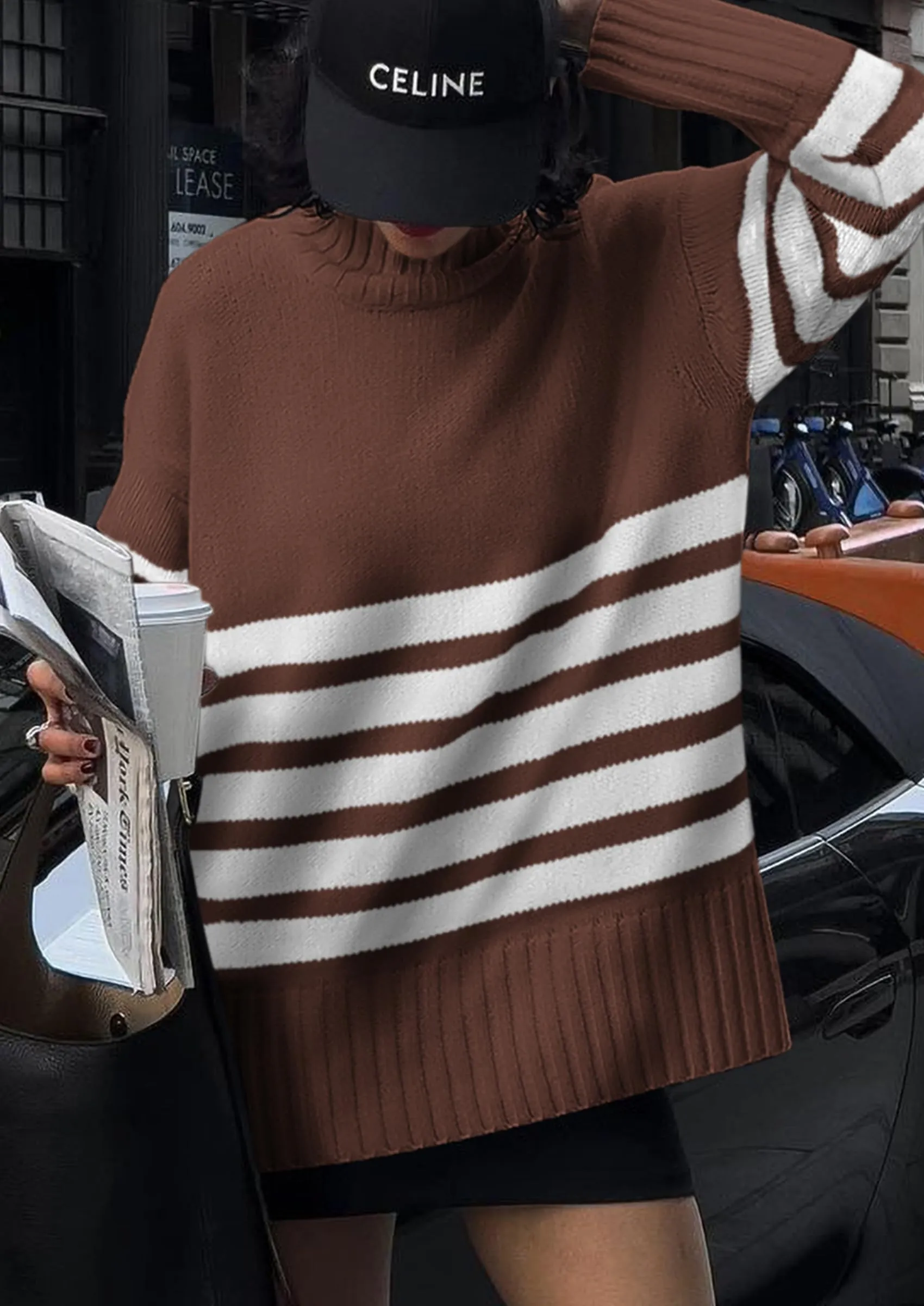 Striped Turtleneck Long Sleeve Loose Fit Chunky Knit Casual Mini Sweater Dresses