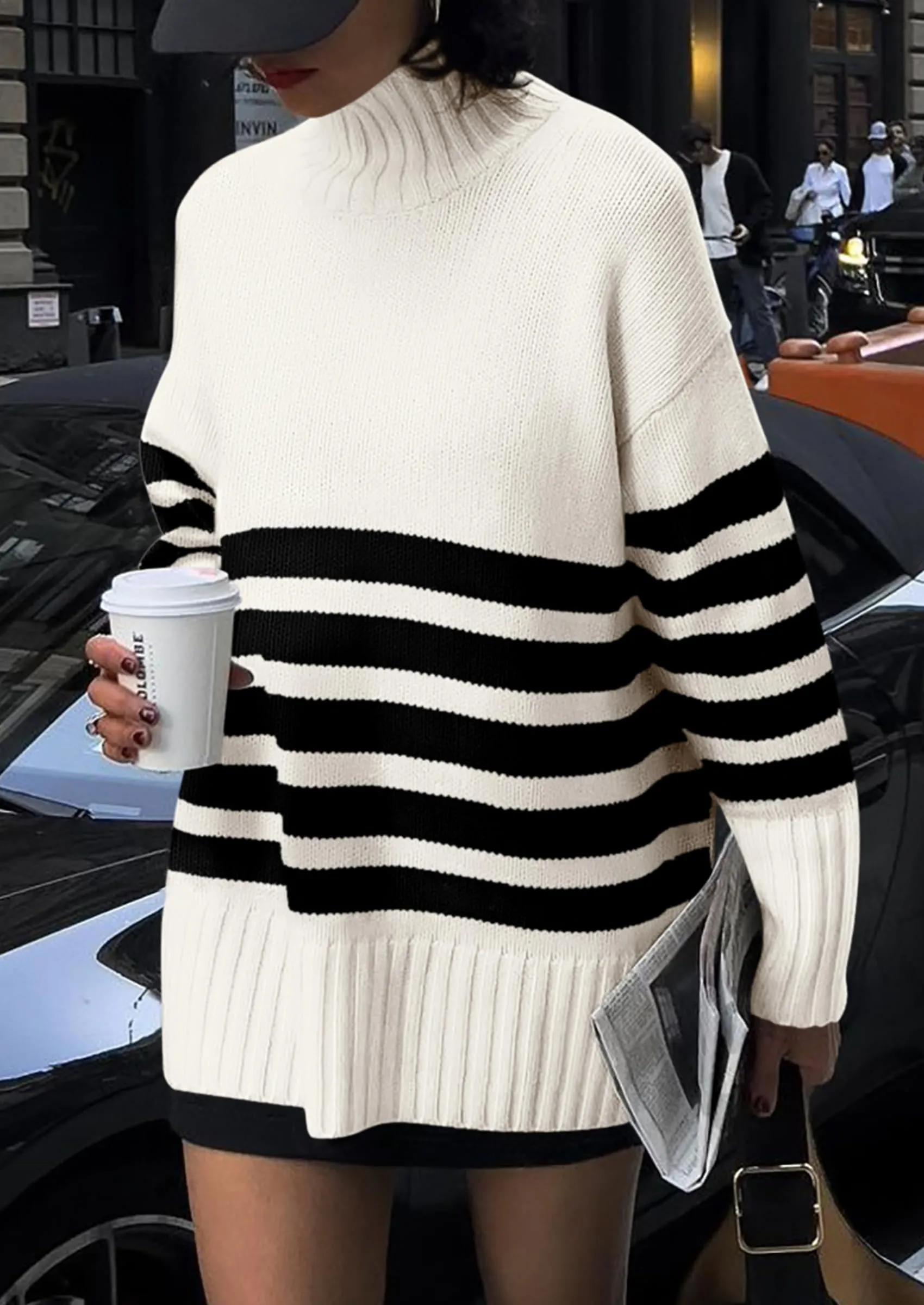 Striped Turtleneck Long Sleeve Loose Fit Chunky Knit Casual Mini Sweater Dresses