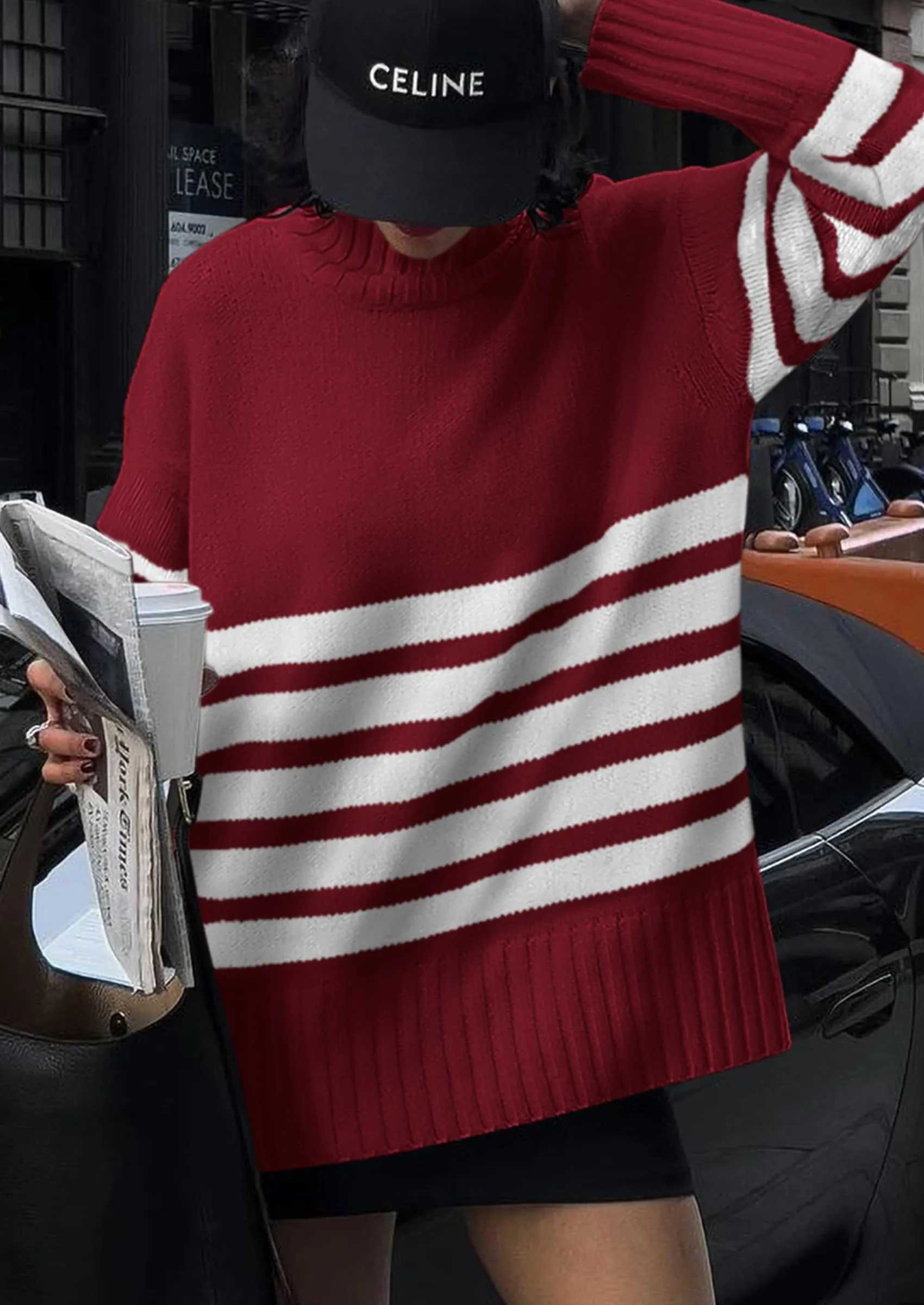 Striped Turtleneck Long Sleeve Loose Fit Chunky Knit Casual Mini Sweater Dresses