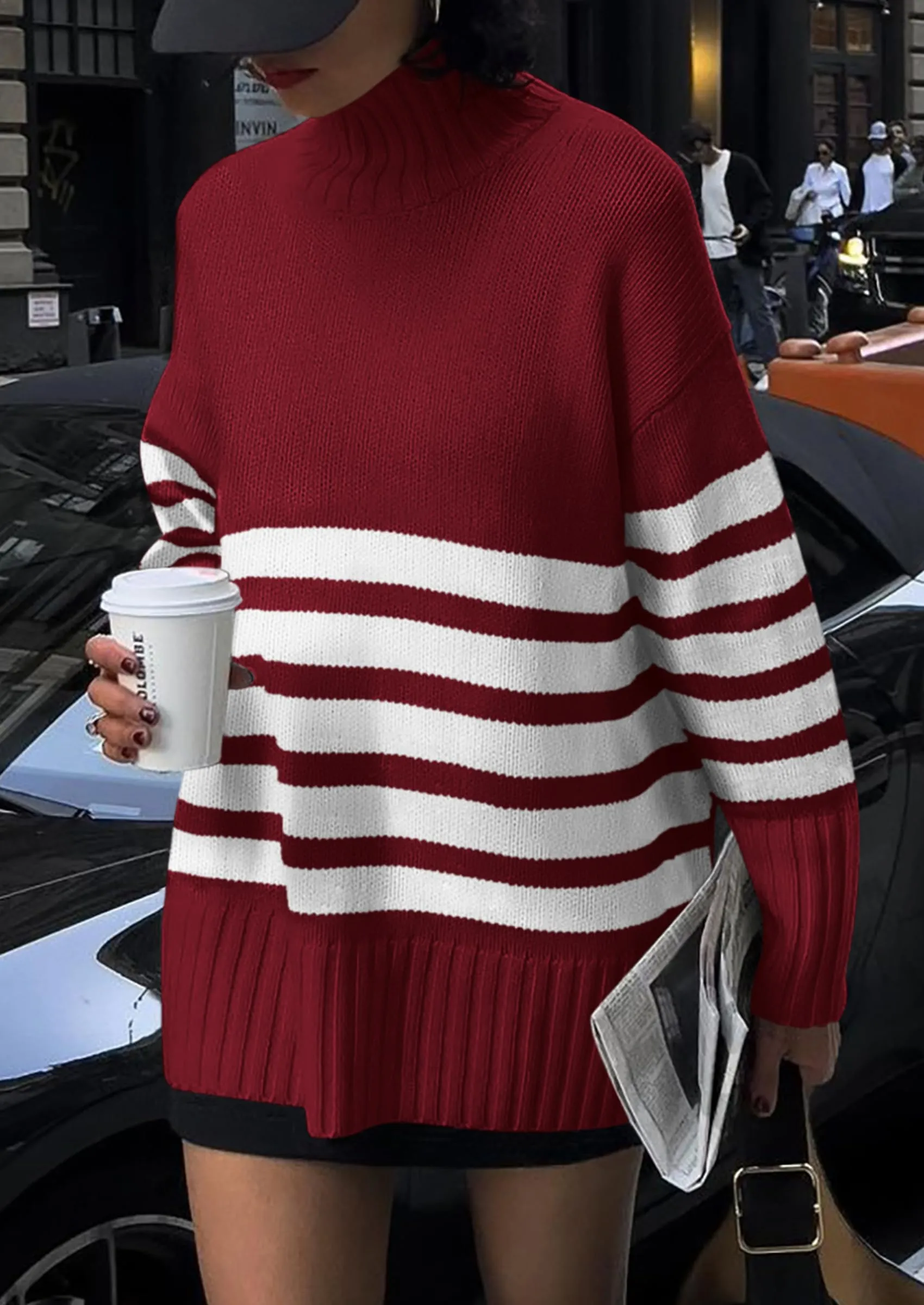 Striped Turtleneck Long Sleeve Loose Fit Chunky Knit Casual Mini Sweater Dresses