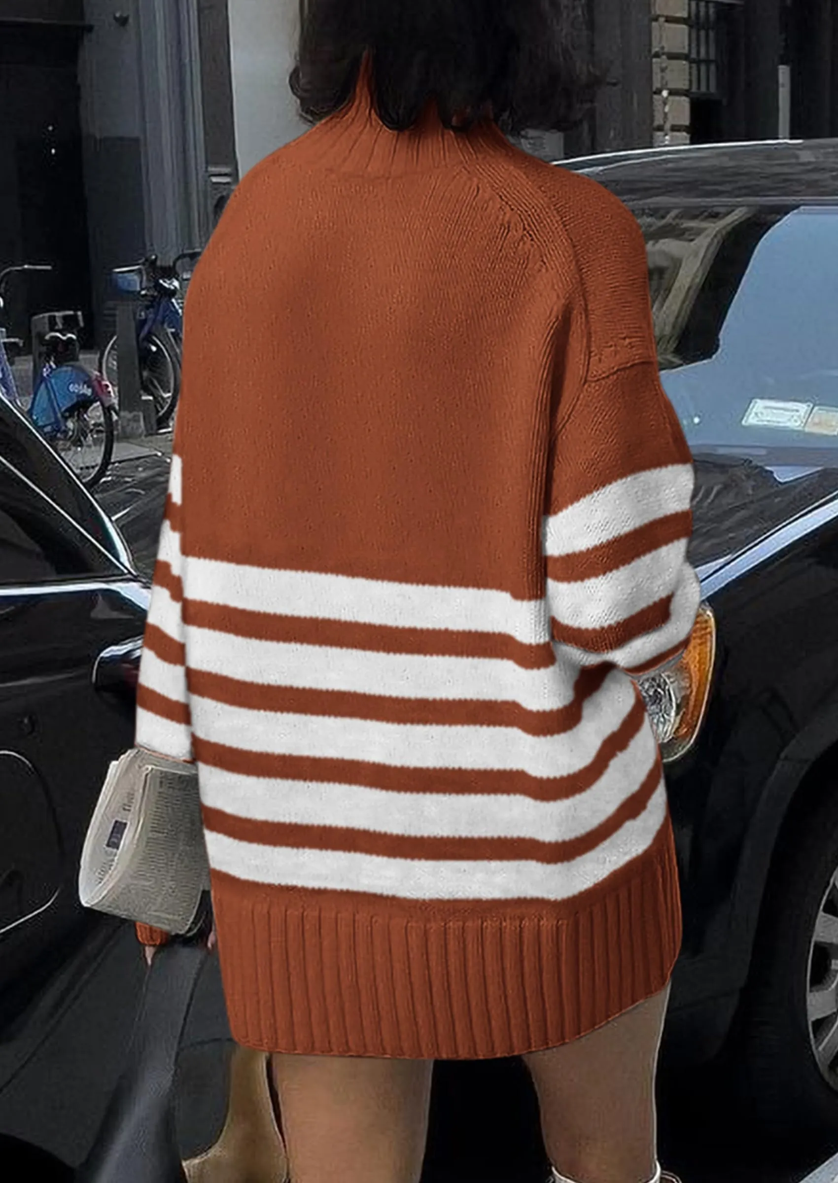 Striped Turtleneck Long Sleeve Loose Fit Chunky Knit Casual Mini Sweater Dresses