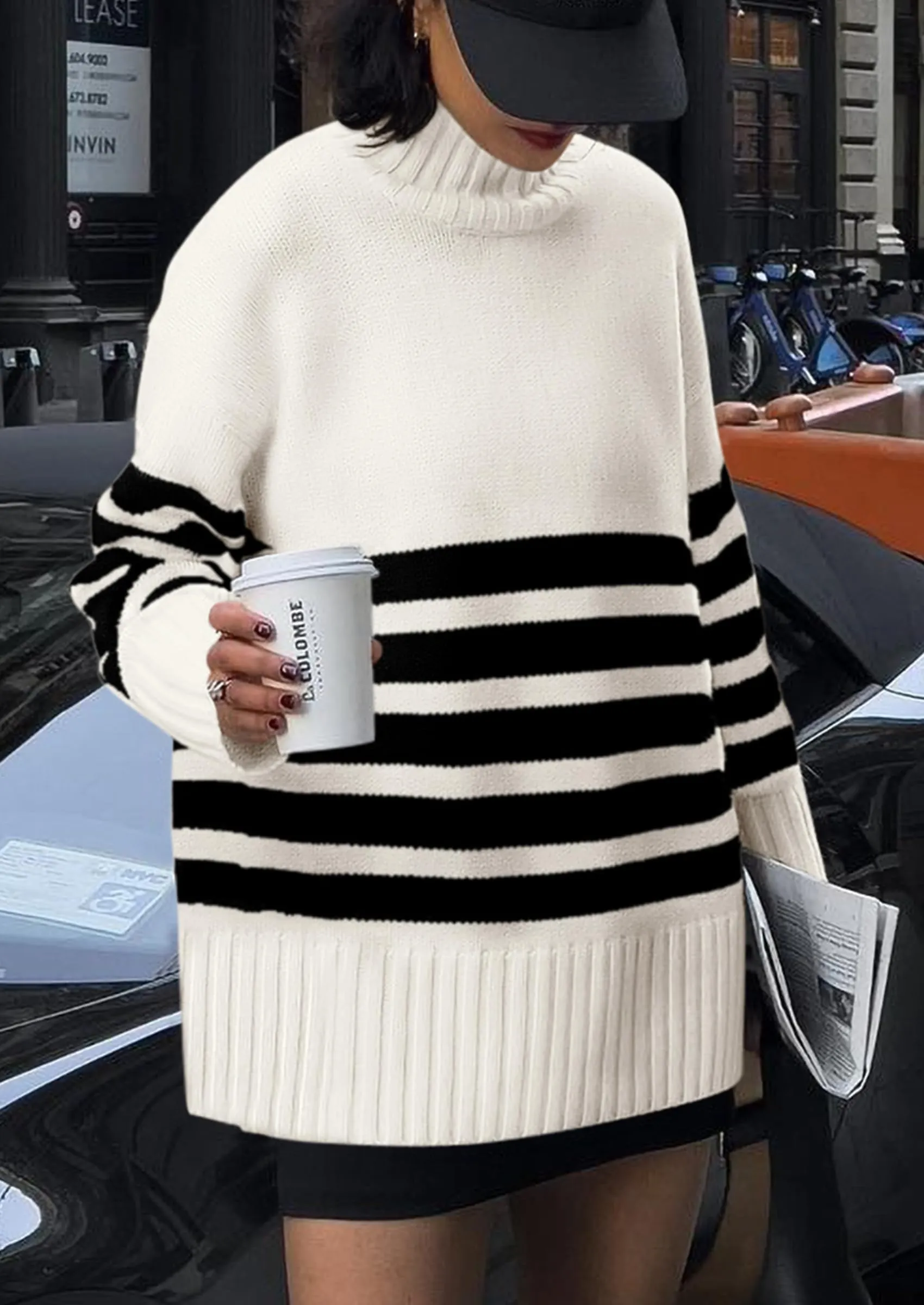 Striped Turtleneck Long Sleeve Loose Fit Chunky Knit Casual Mini Sweater Dresses