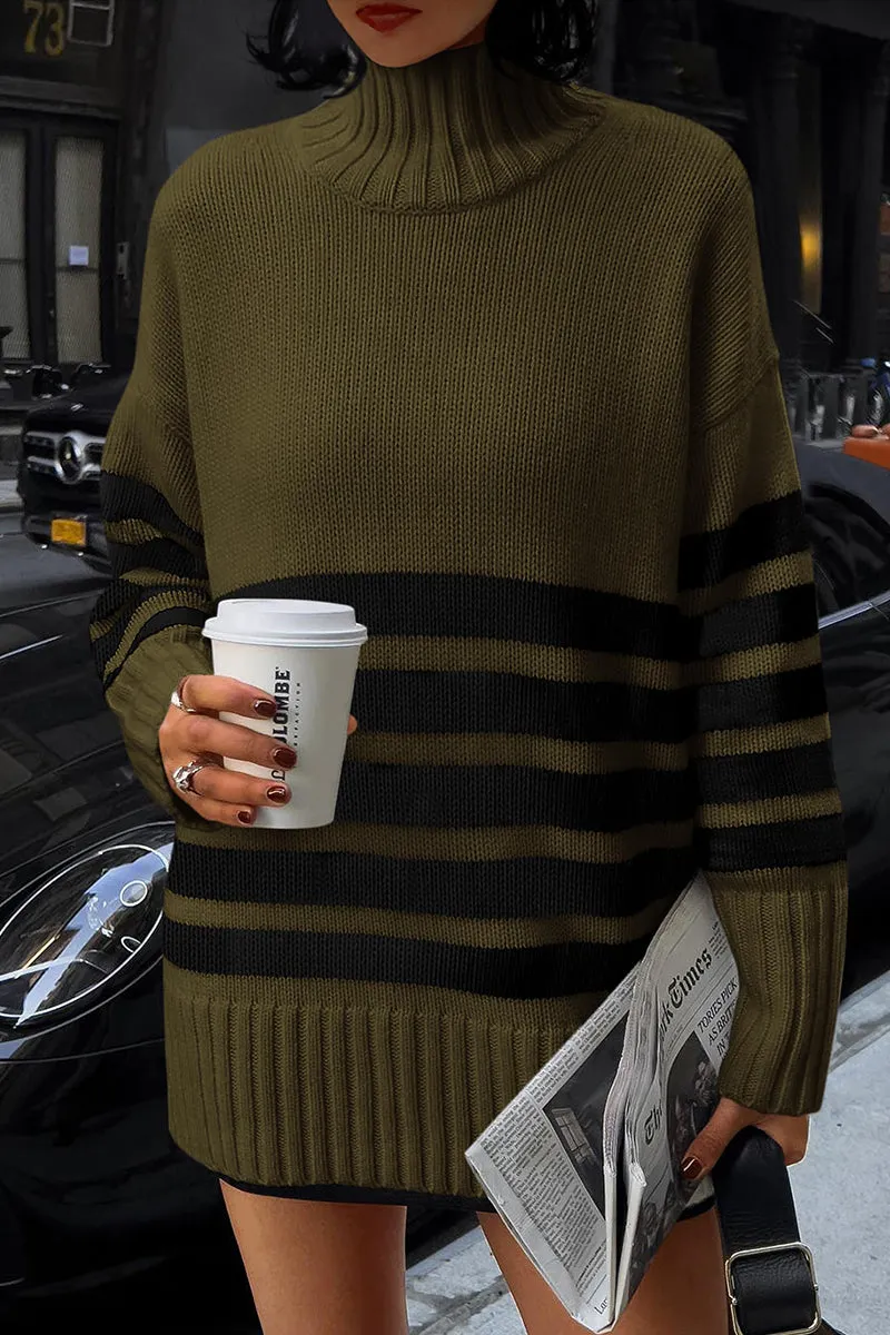 Striped Turtleneck Long Sleeve Loose Fit Chunky Knit Casual Mini Sweater Dresses