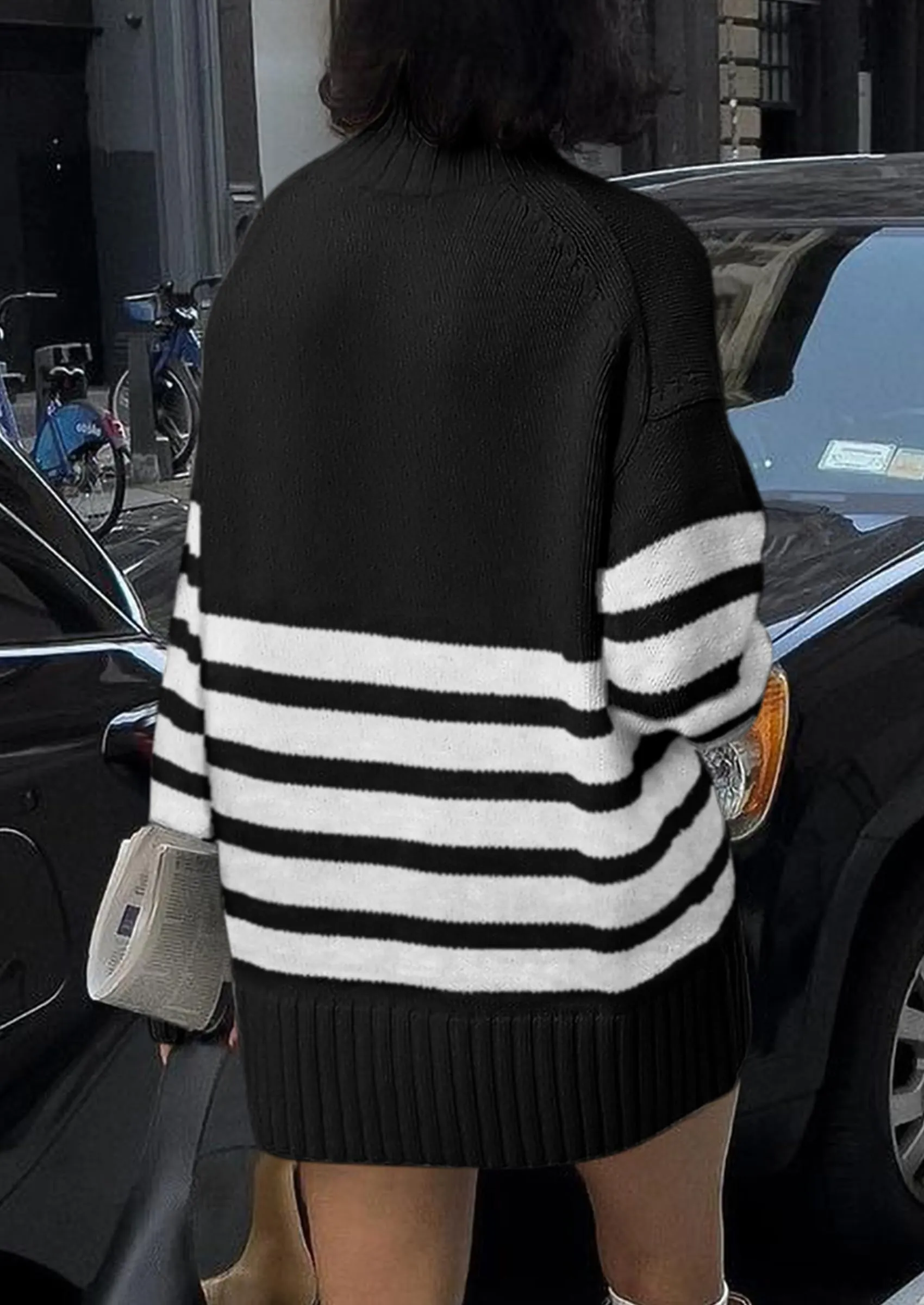 Striped Turtleneck Long Sleeve Loose Fit Chunky Knit Casual Mini Sweater Dresses