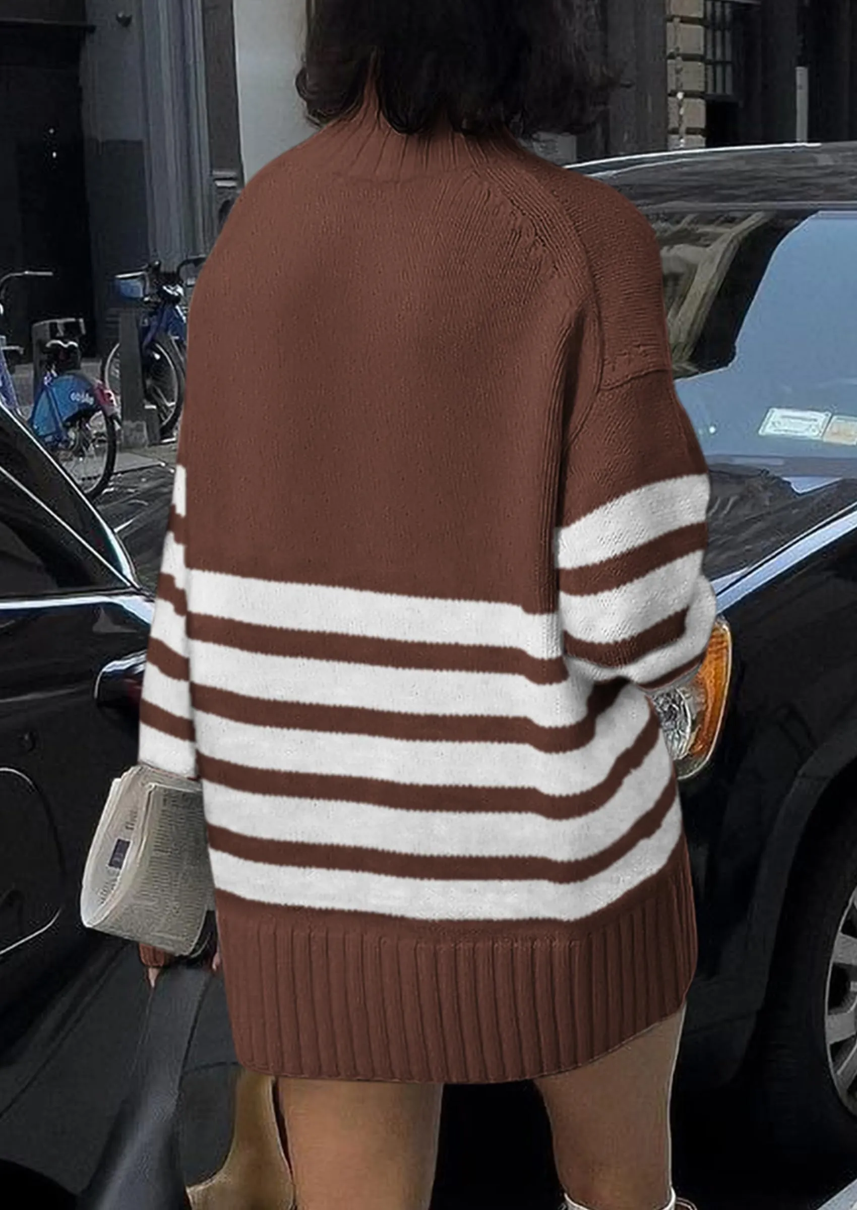 Striped Turtleneck Long Sleeve Loose Fit Chunky Knit Casual Mini Sweater Dresses