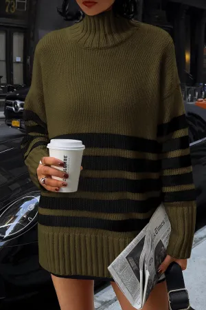 Striped Turtleneck Long Sleeve Loose Fit Chunky Knit Casual Mini Sweater Dresses