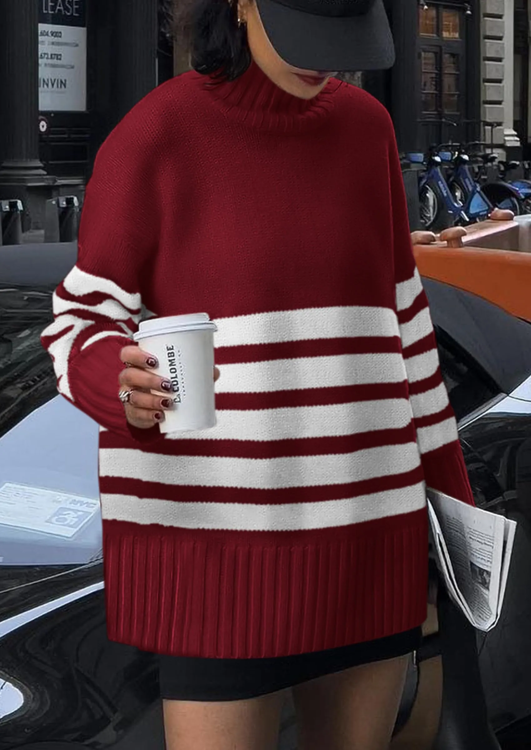 Striped Turtleneck Long Sleeve Loose Fit Chunky Knit Casual Mini Sweater Dresses