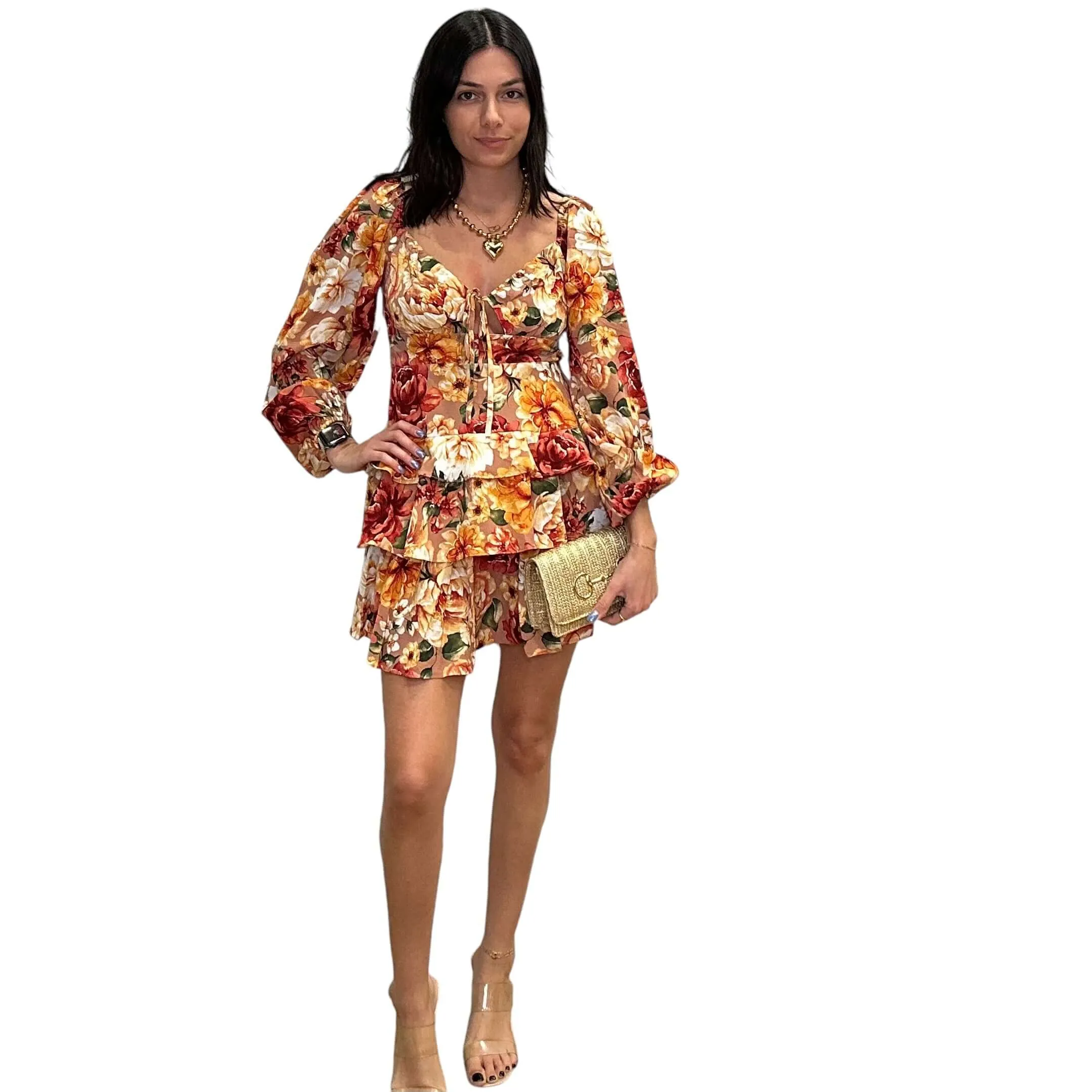 Sweetheart Long Sleeve Tiered Mini Dress