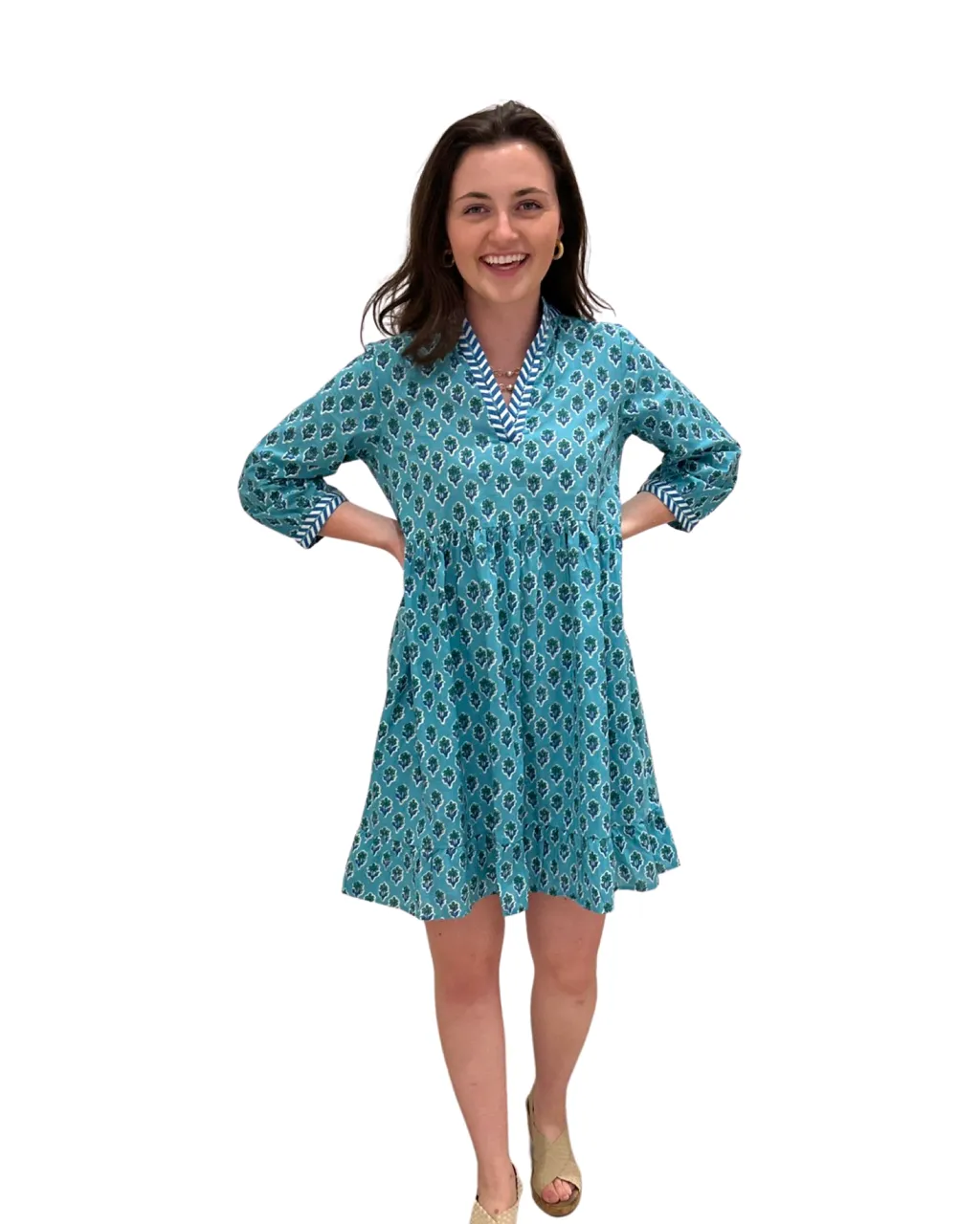 The Morley Cotton Block Print Dress in Teal and Blue with Embroidered Trim